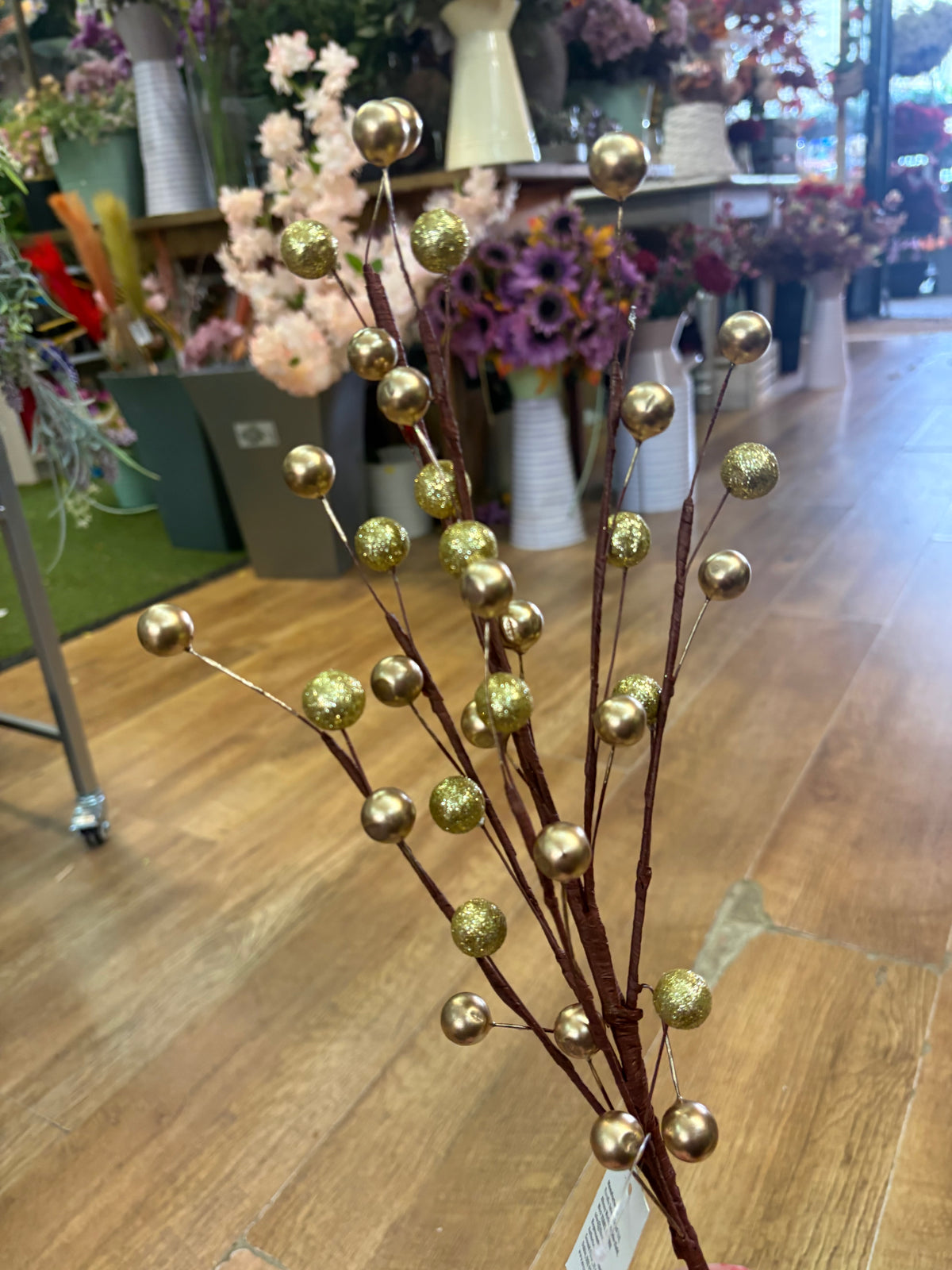 Bundle of 3 long stem gold metallic and glittered berry stems