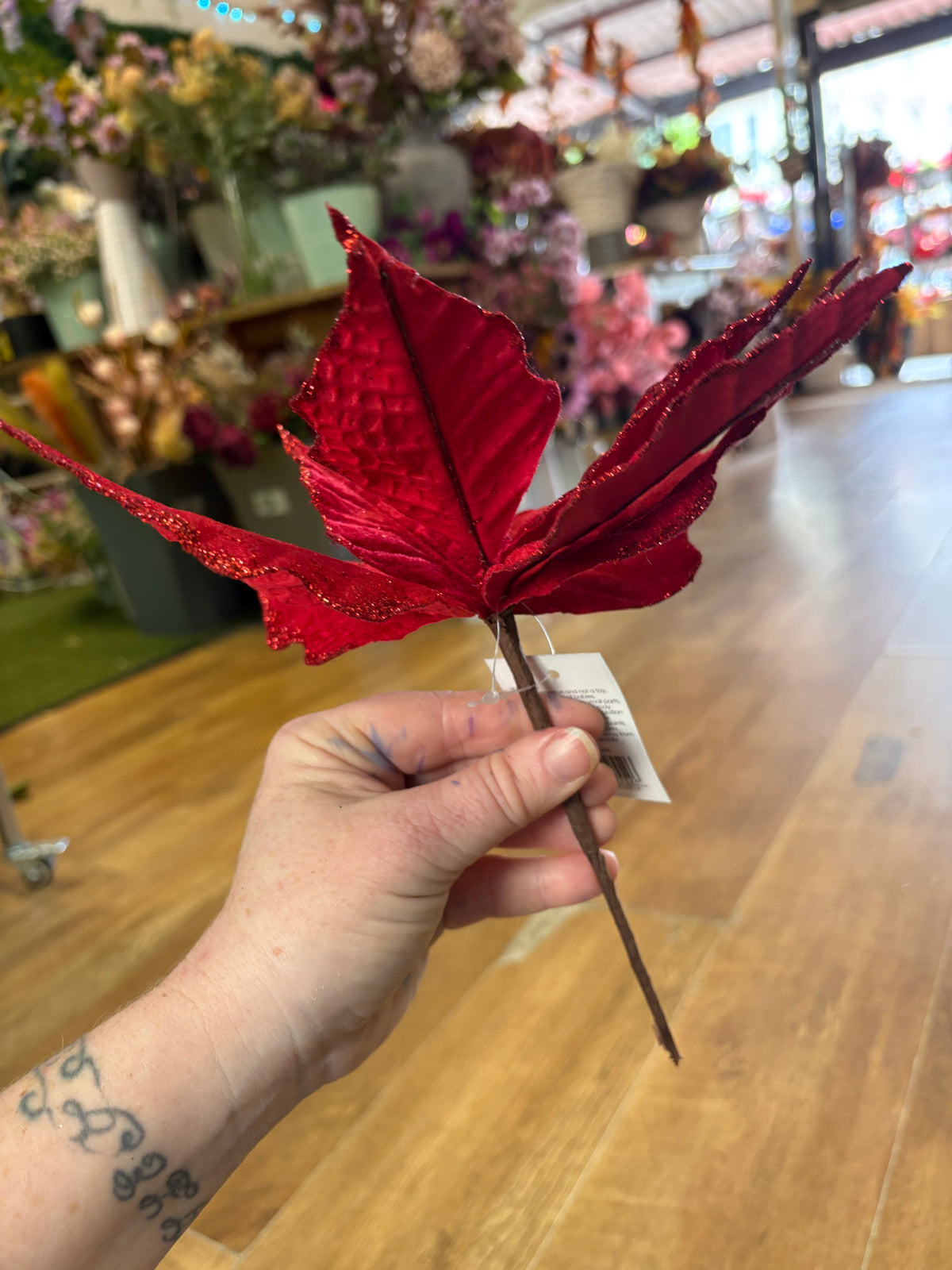 Red velvet and glitter single poinsettia pick