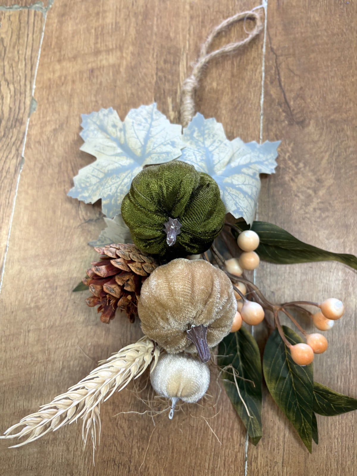 30cm green, neutral and cream velvet pumpkin swag