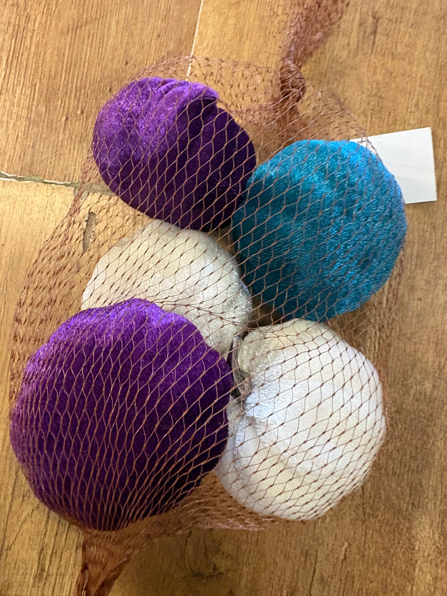 5 purple, teal and ivory small velvet pumpkins
