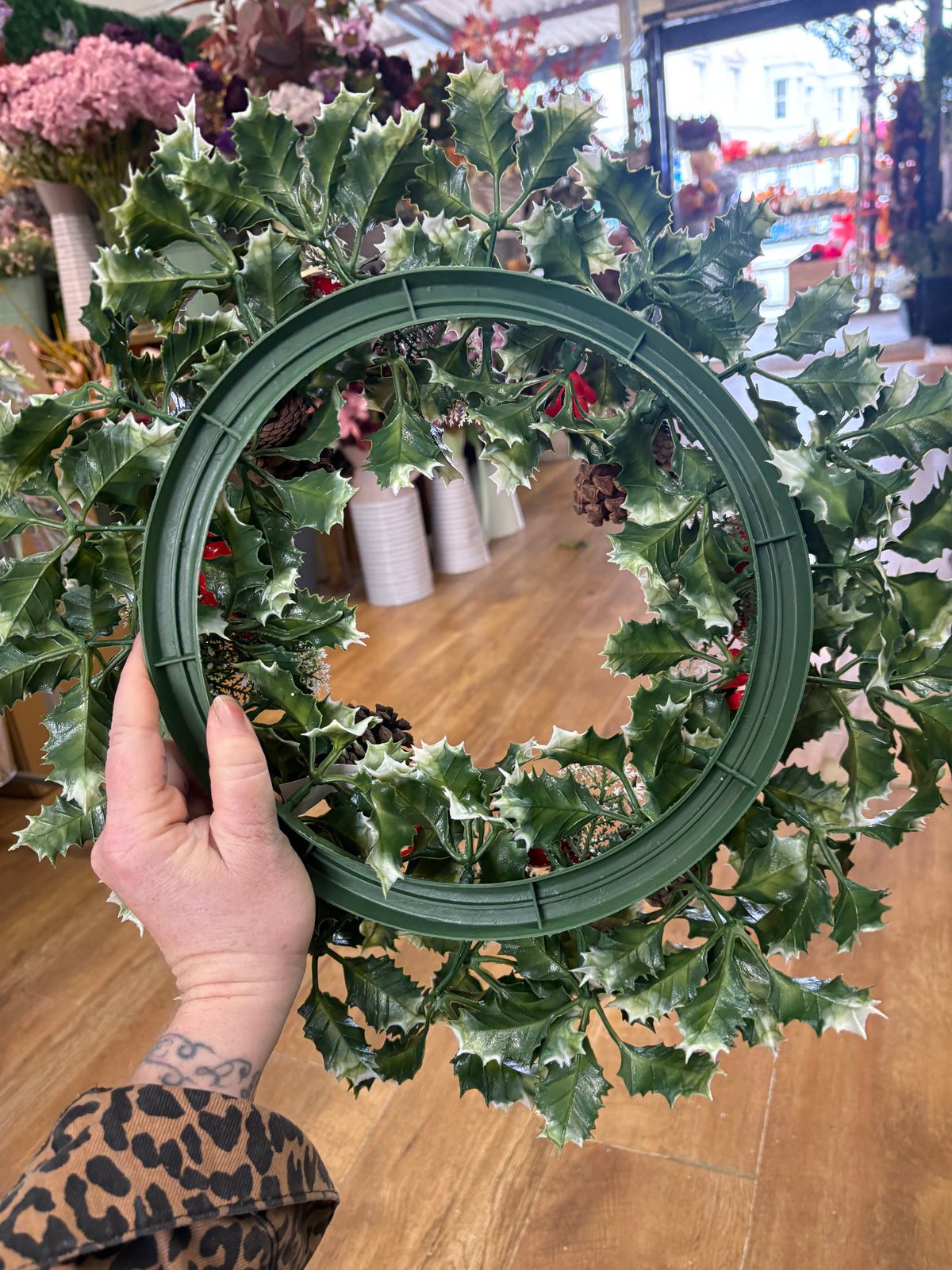18” wreath with pomegranate, cherries and cones