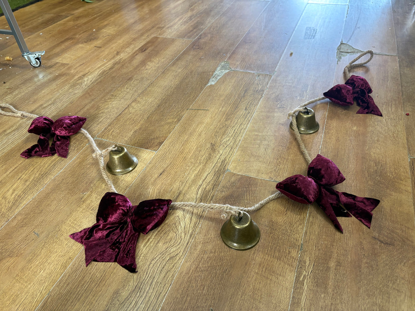 Burgundy velvet bow and Christmas Bell Garland (1.8m Long)
