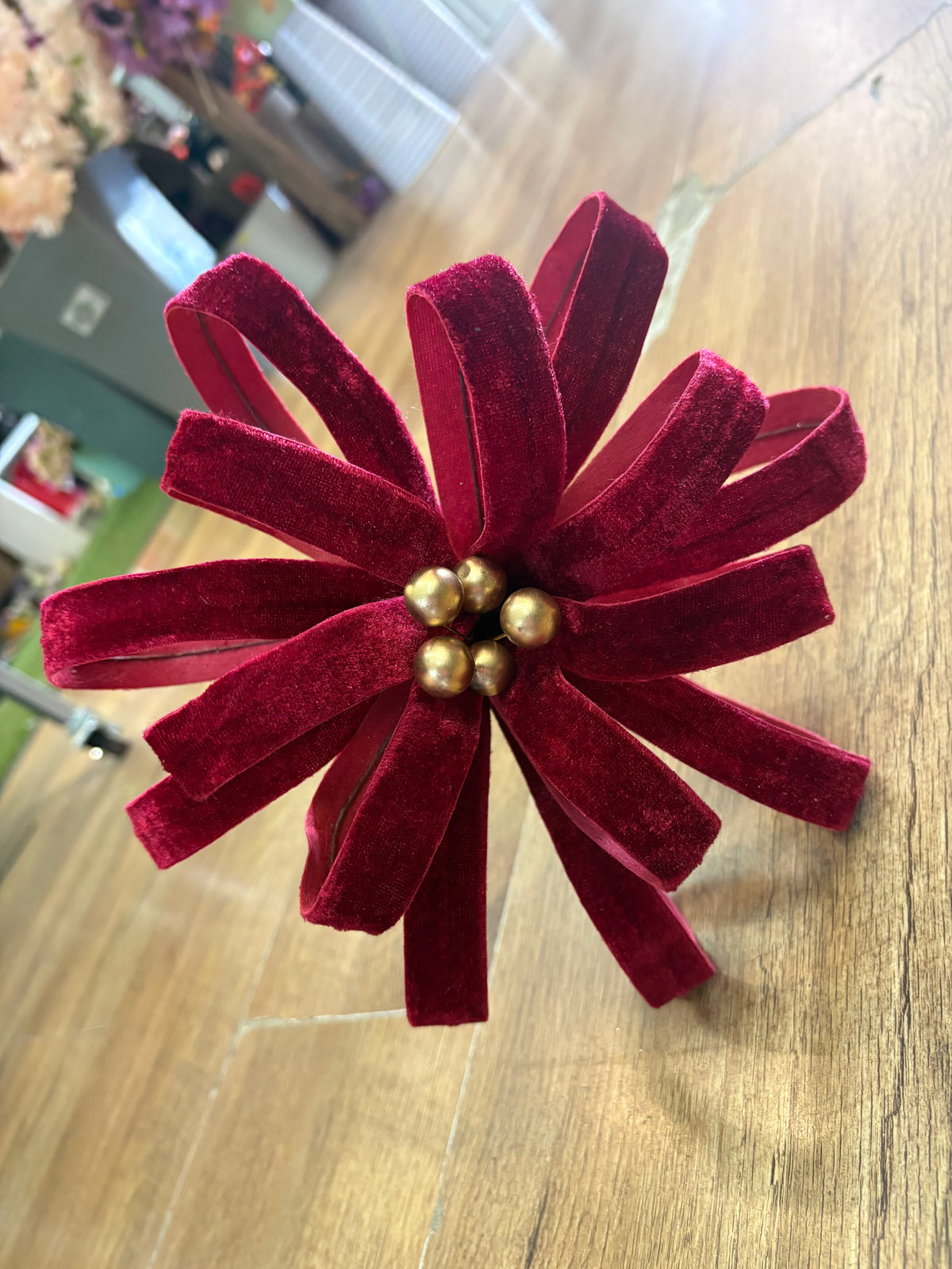 Wired burgundy velvet and gold berry Christmas decor stem