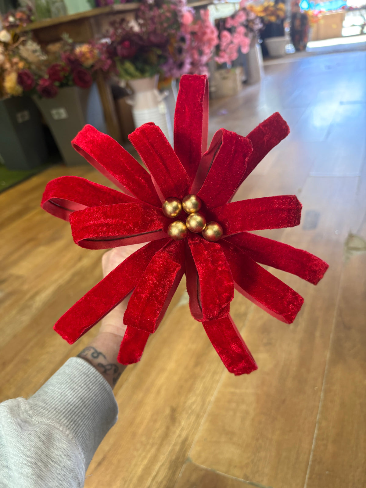 Wired Red velvet and gold berry Christmas decor stem