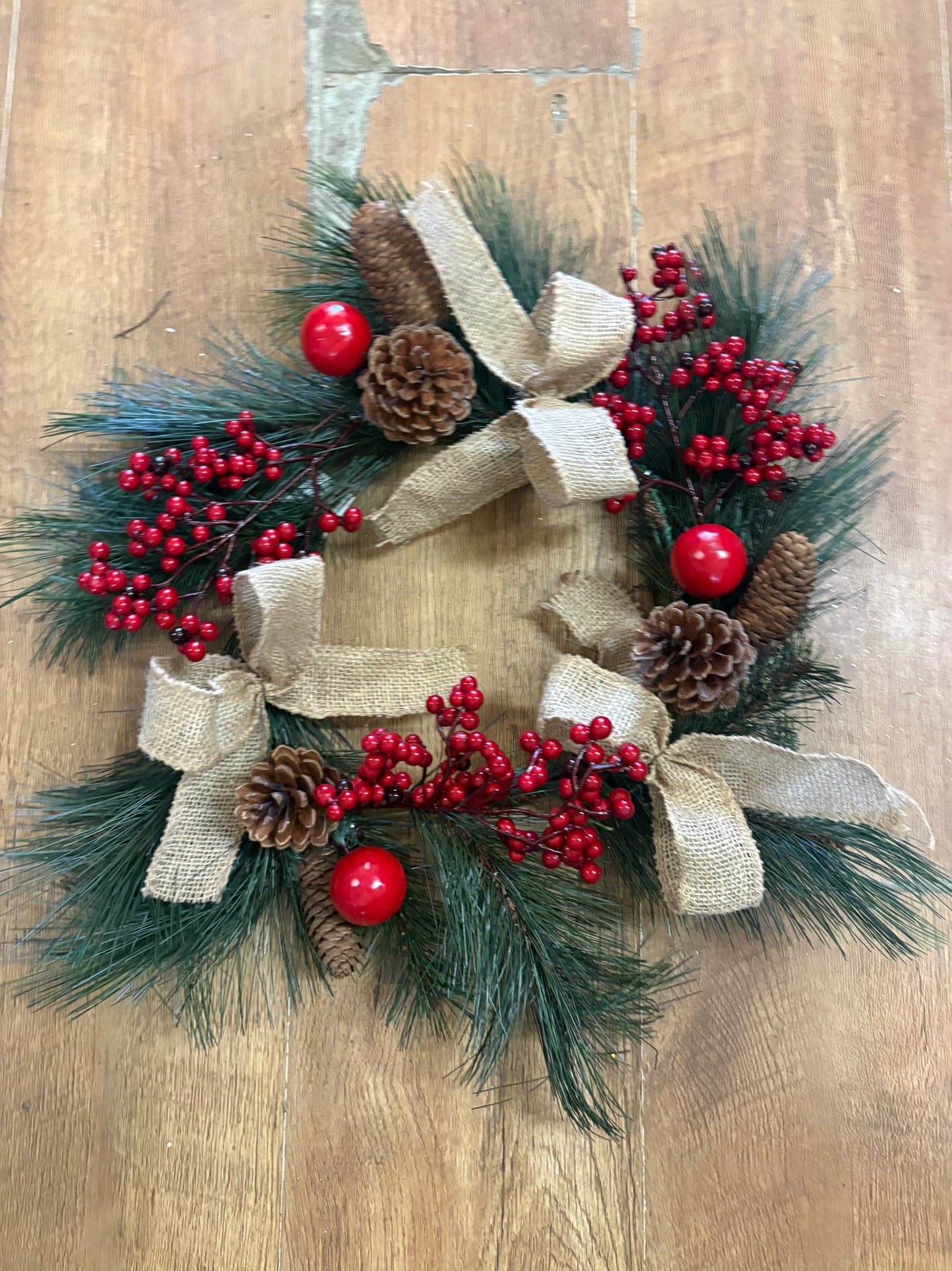 Red berry, cone and bow wreath (40cm from tip to tip)