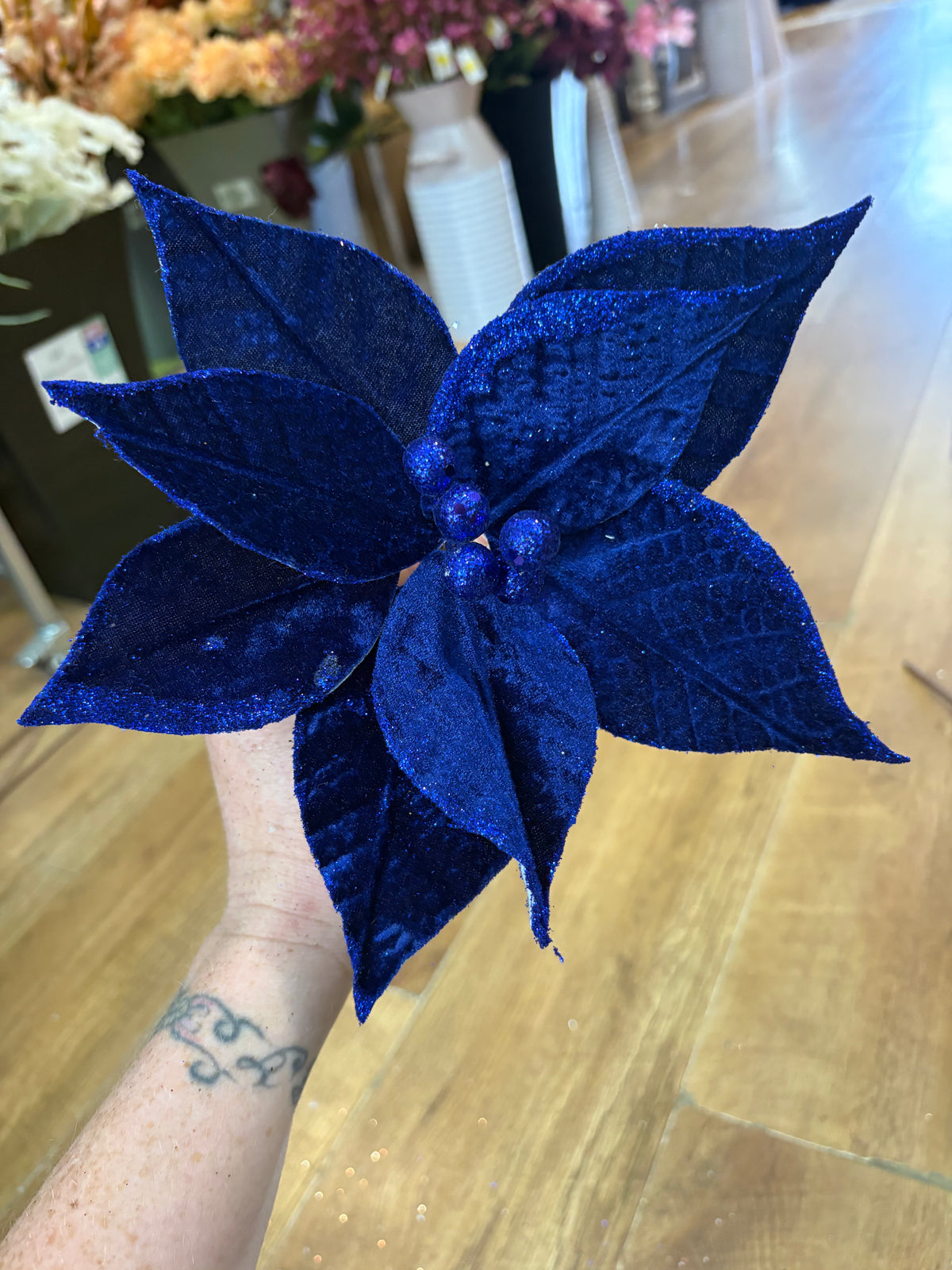 Bundle of 3 royal blue velvet and glitter poinsettias