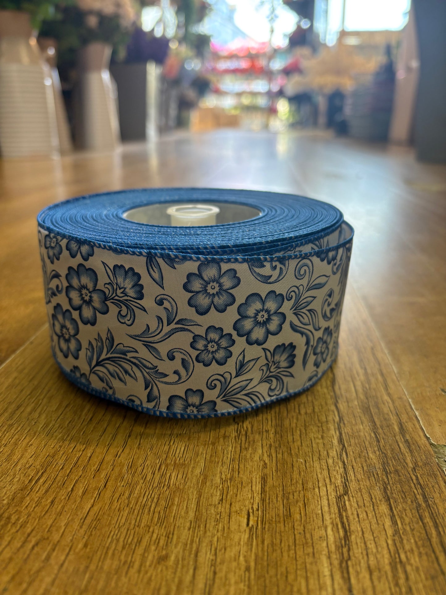 2.5inch blue and white floral wired ribbon - 1 metre