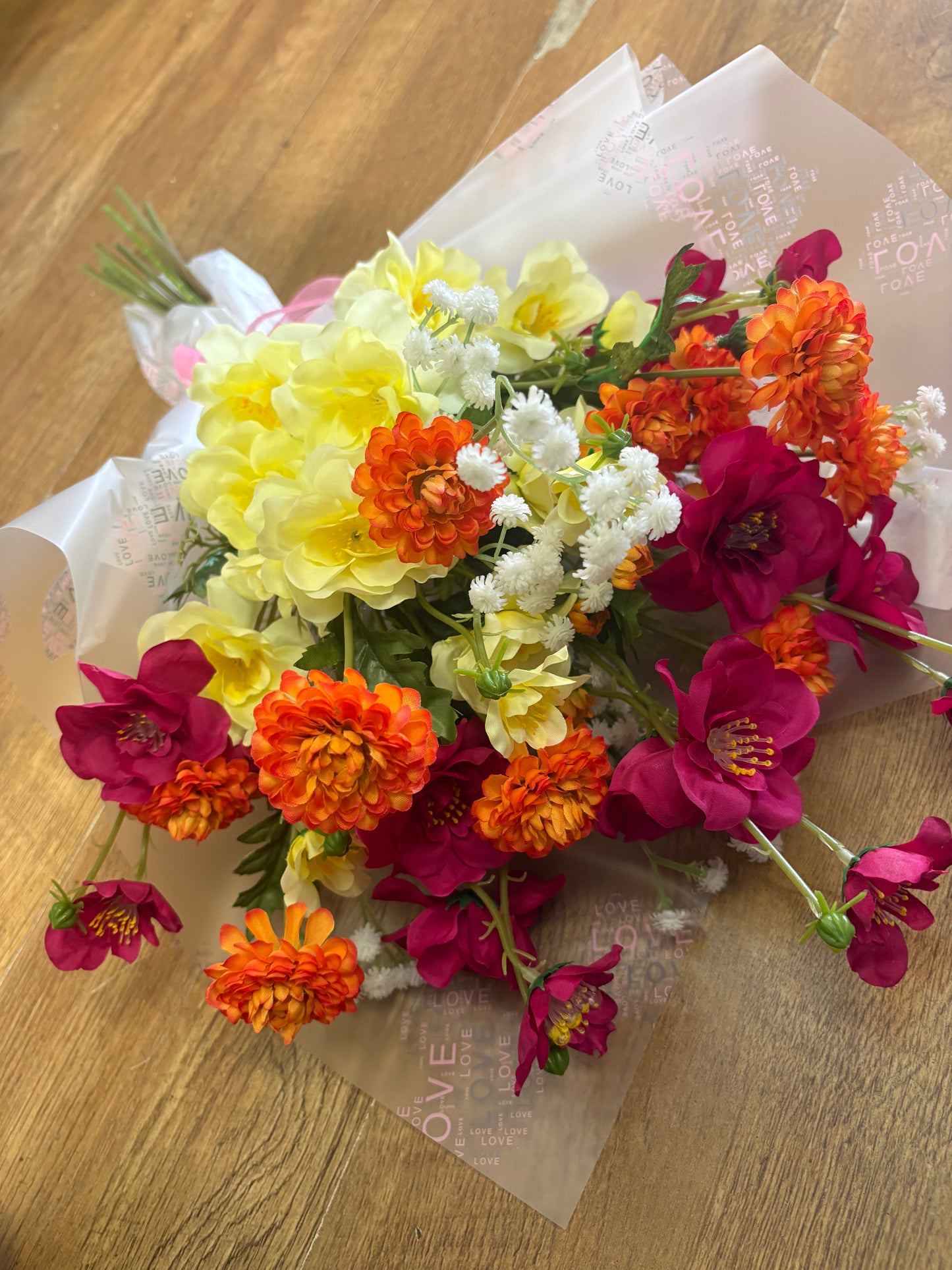 Open front bouquet - cerise/orange/yellow