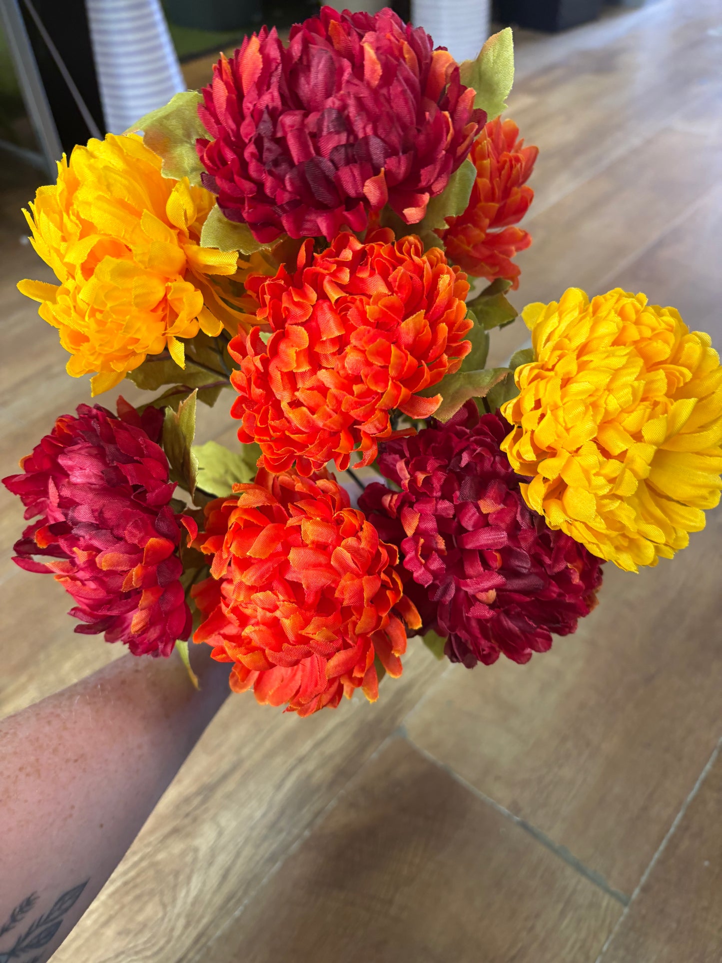 Large autumnal chrysanthemum bouquet - burgundy, orange and autumnal yellow