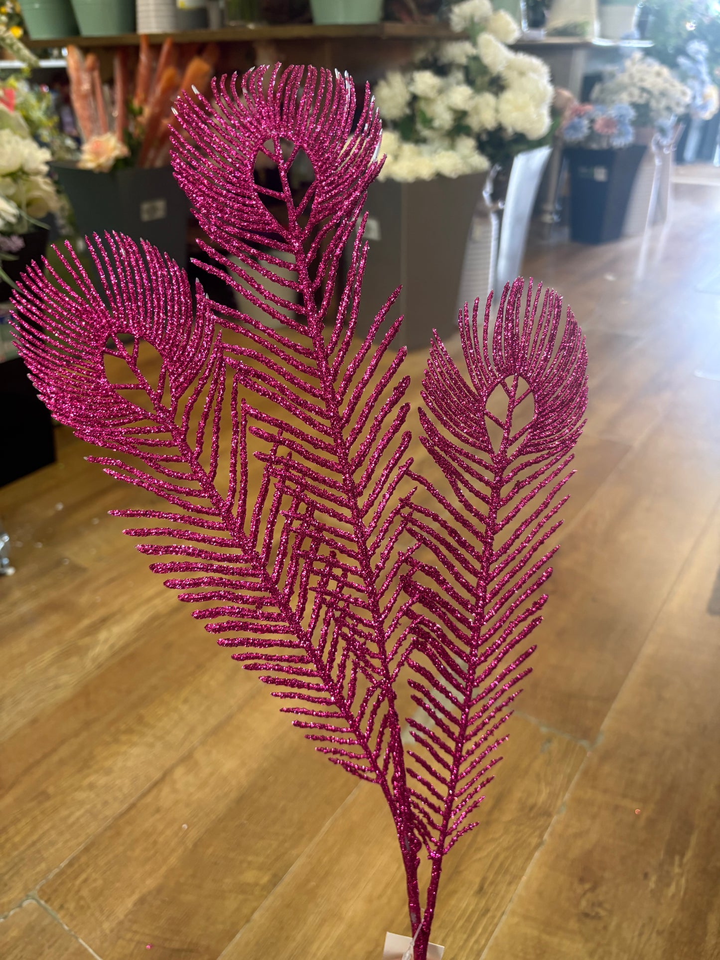 Long stem hot pink glittered peacock feather