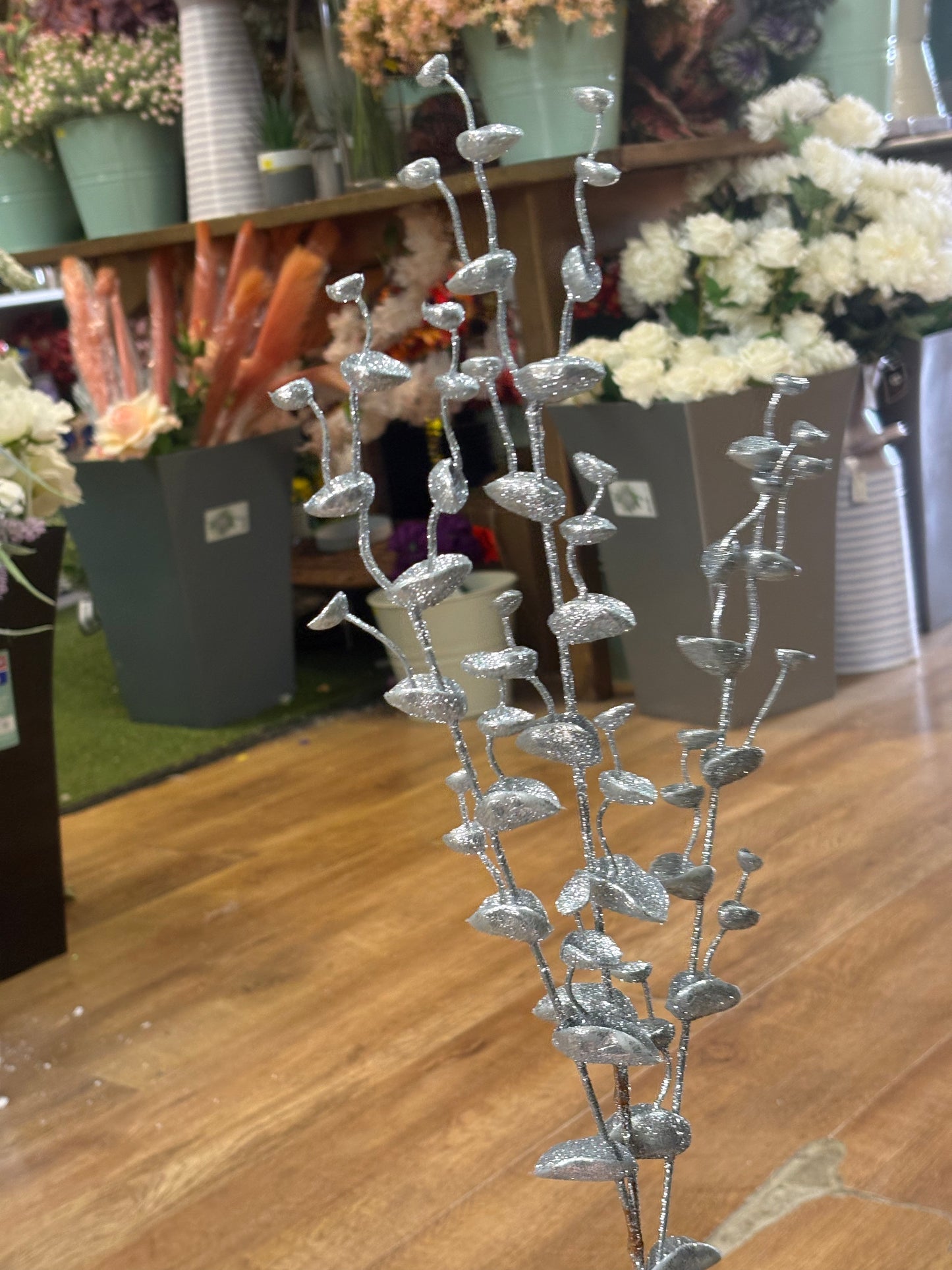 Long stem silver glittered eucalyptus filler