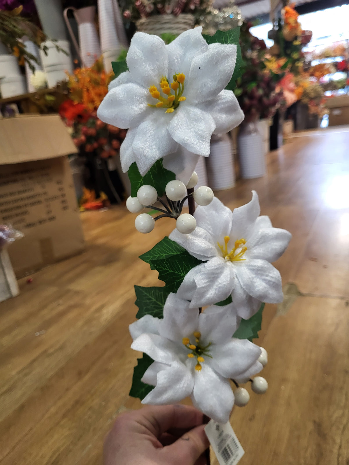 50cm velvet poinsettias, berry and Holly stem - 2 colours available image 6
