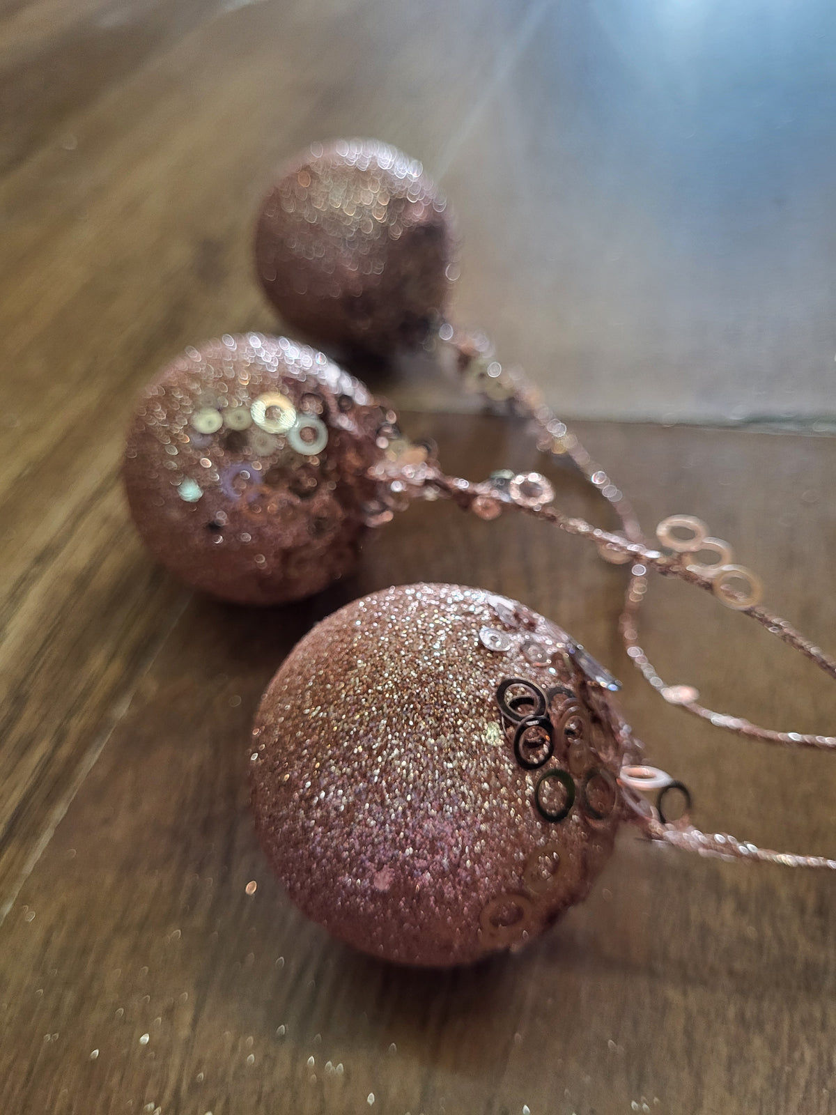 Hanging rose gold triple glittered and sequin bauble decoration image 2
