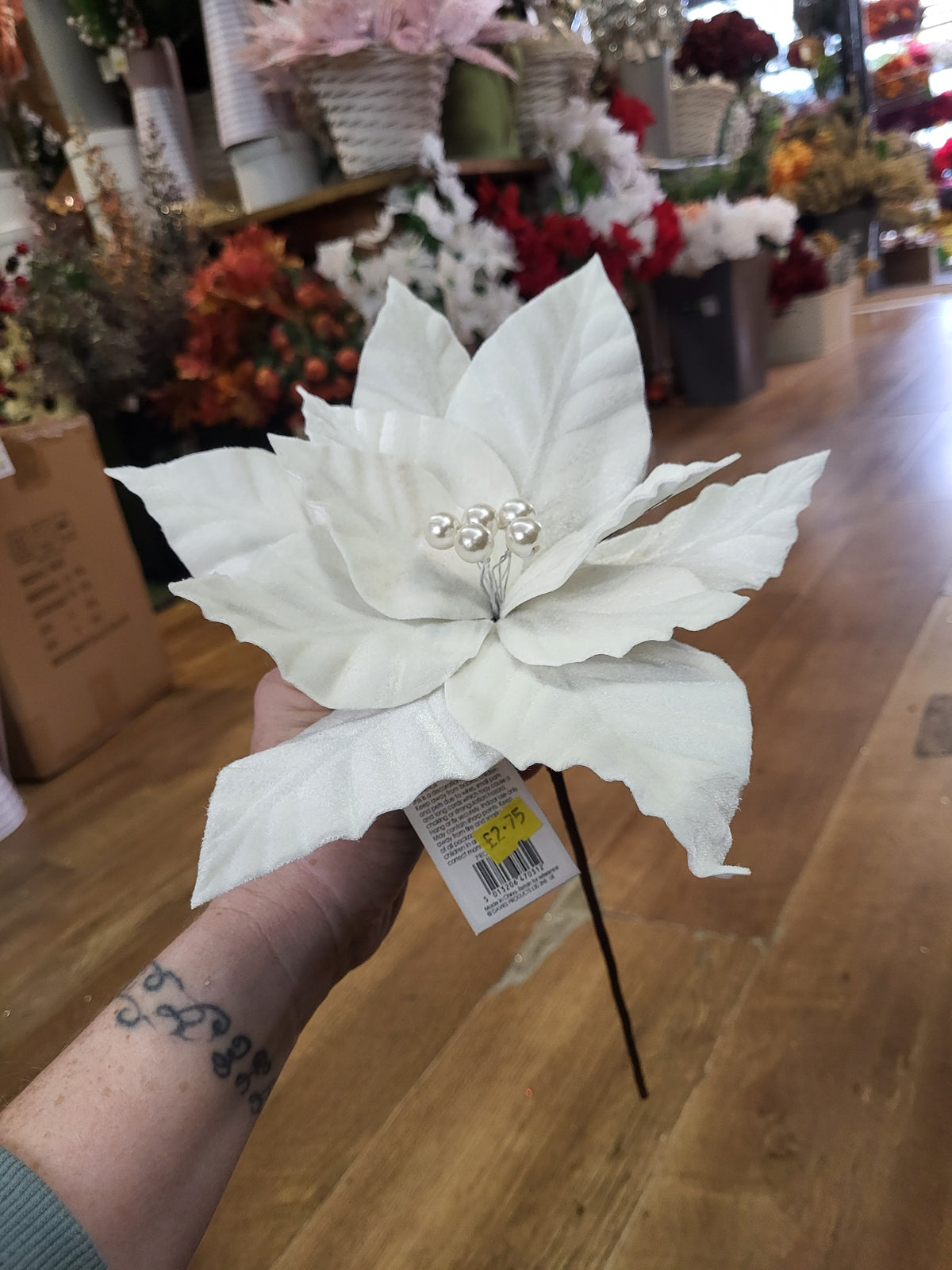 30cm single cream velvet poinsettia with pearls image 4