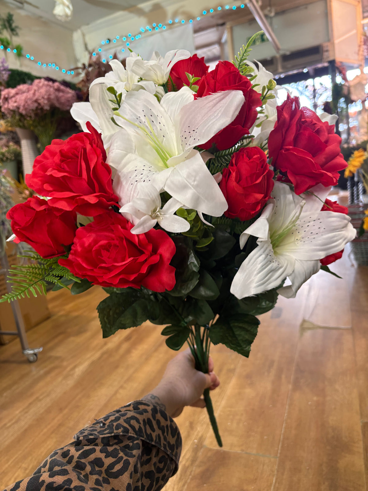 Giant red and ivory rose, rosebud and lily bouquet