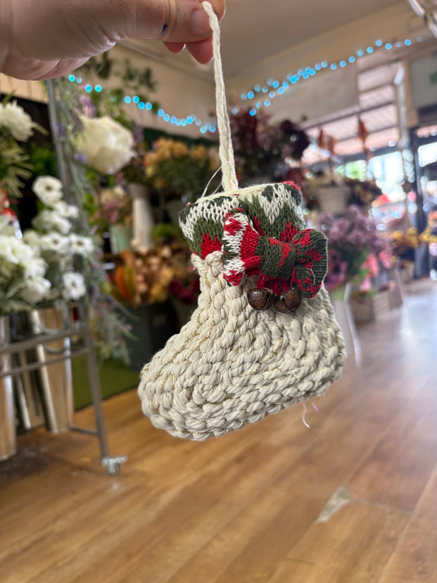 Hanging rope/twine Christmas stocking with fair isle bow