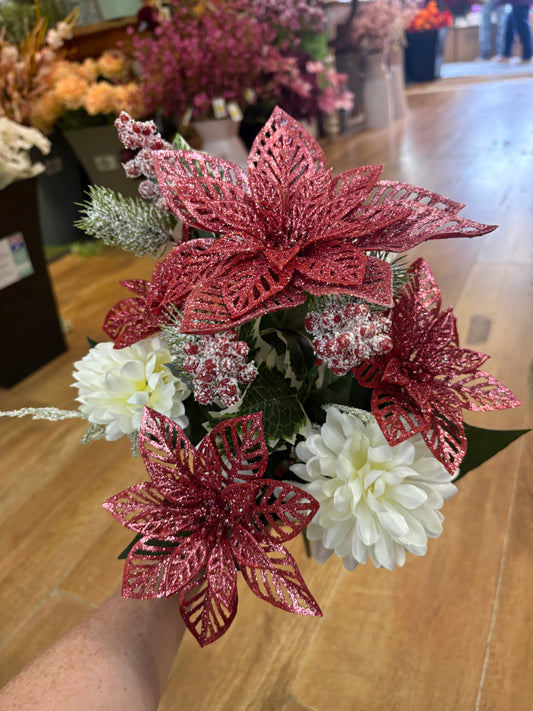 Pink glittered poinsettia and cream chrysanthemum bouquet