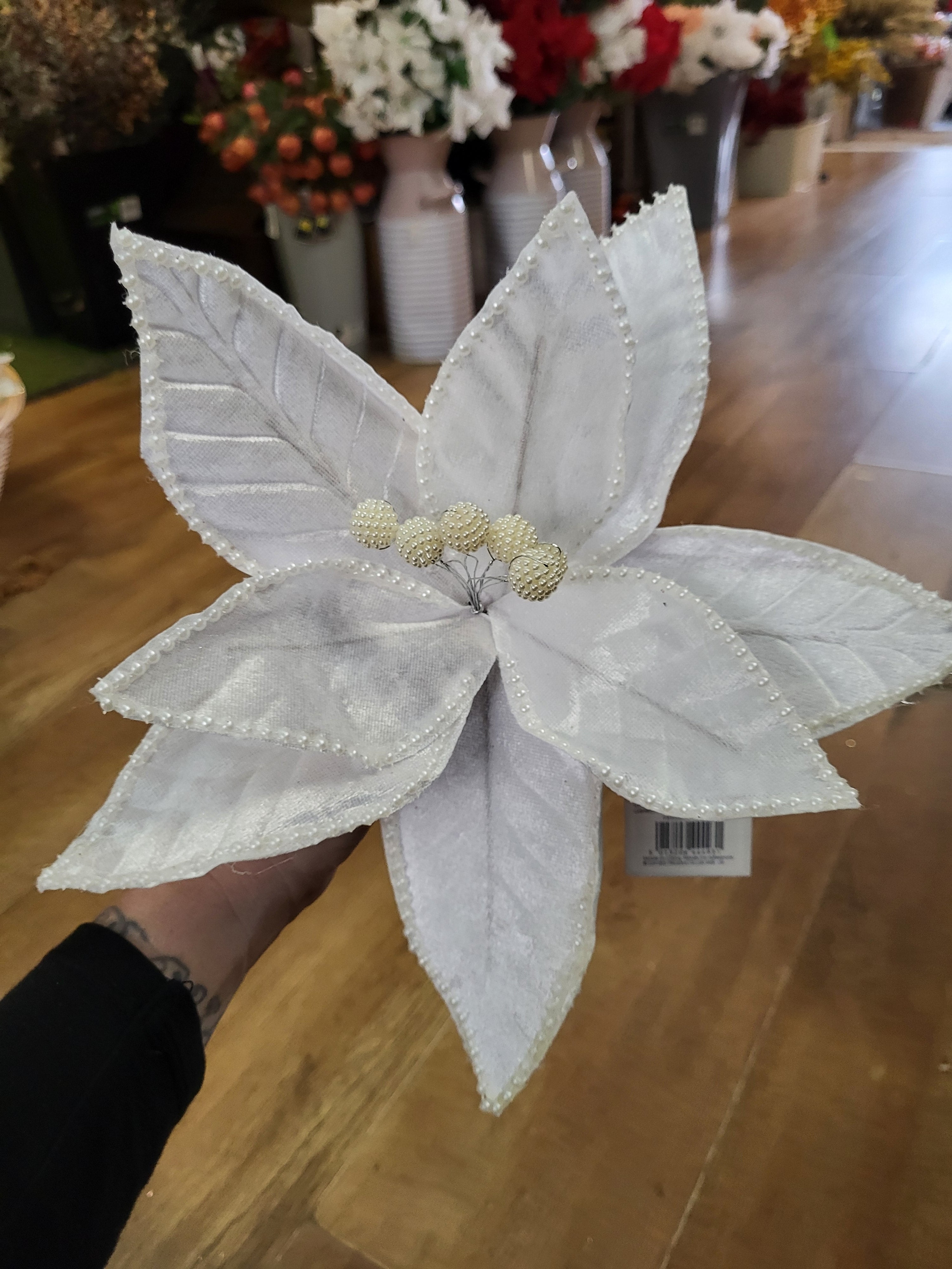 35cm white velvet and pearls poinsettia stem image 0