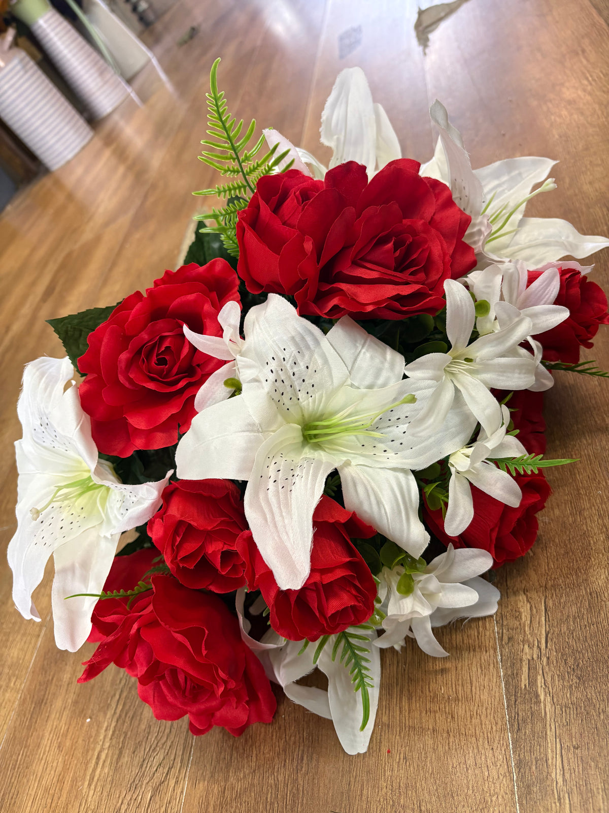Giant red and ivory rose, rosebud and lily bouquet