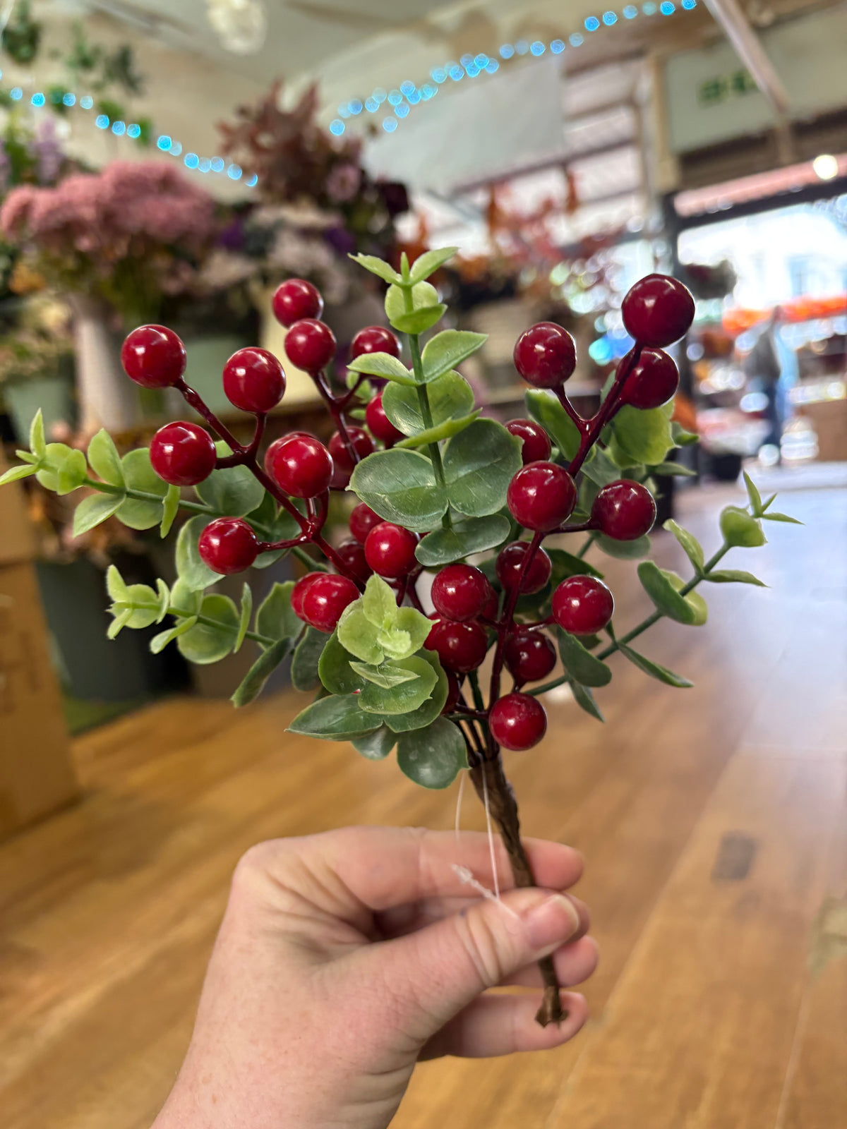 24cm red berry and eucalyptus pick