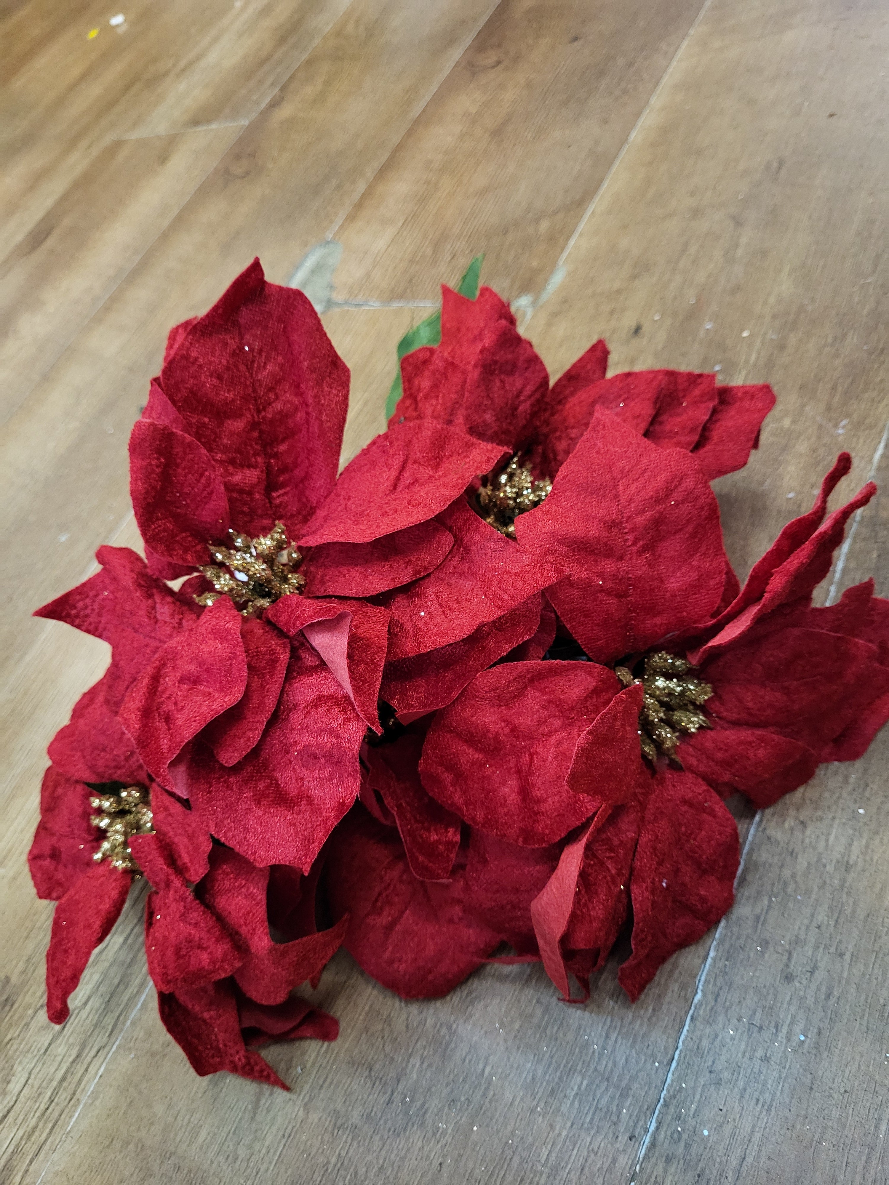Velvet poinsettia bouquet, 5 large heads - red and gold image 0