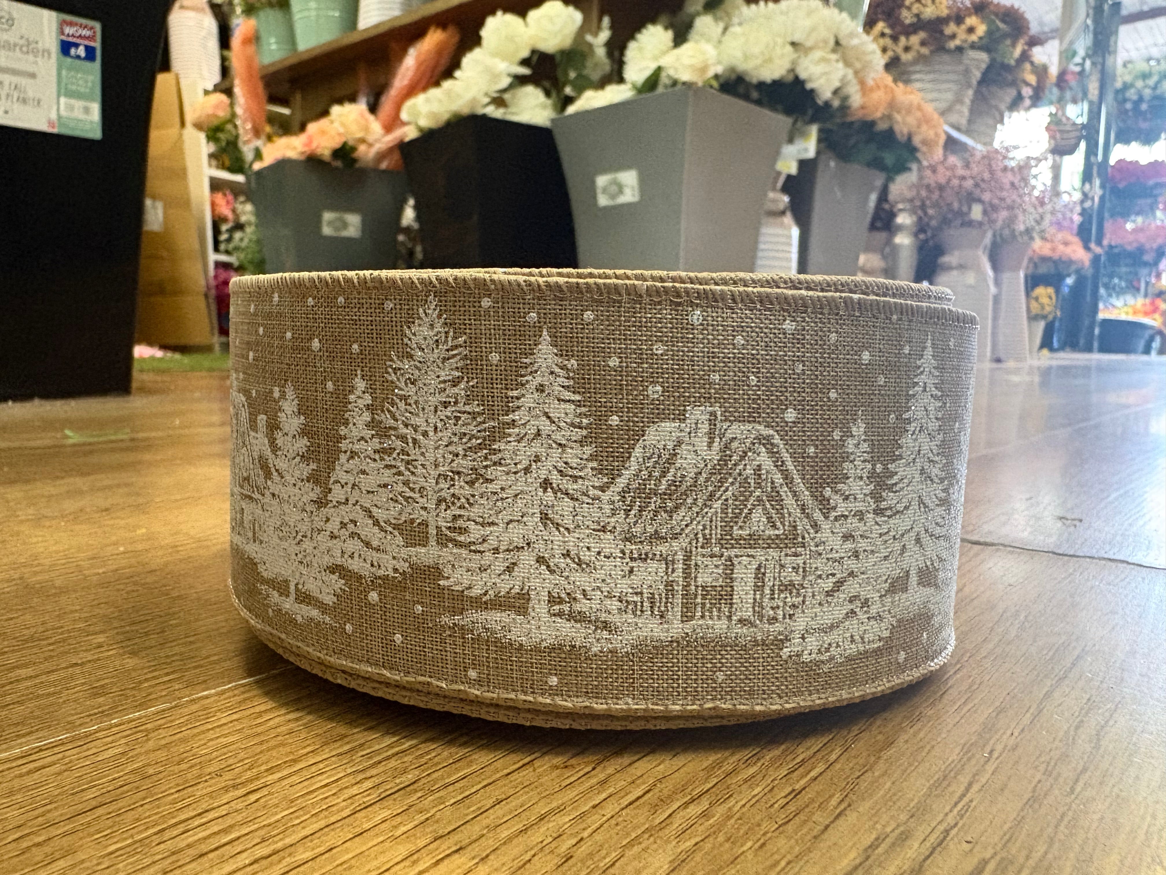 2.5 inch wide burlap and snowy scene wired ribbon - 10 metres