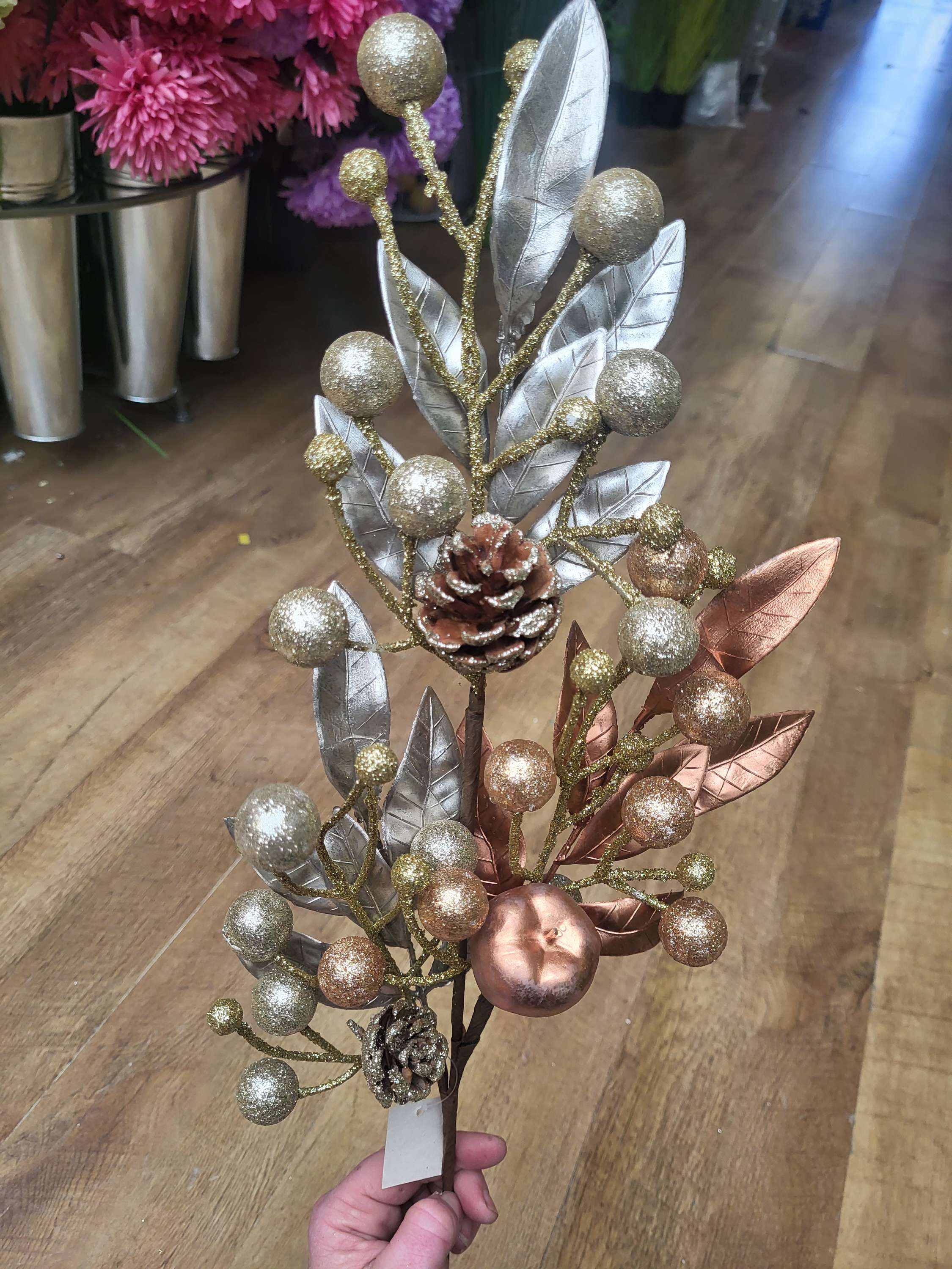 75cm long stem champagne/copper apple and pinecone stem image 0