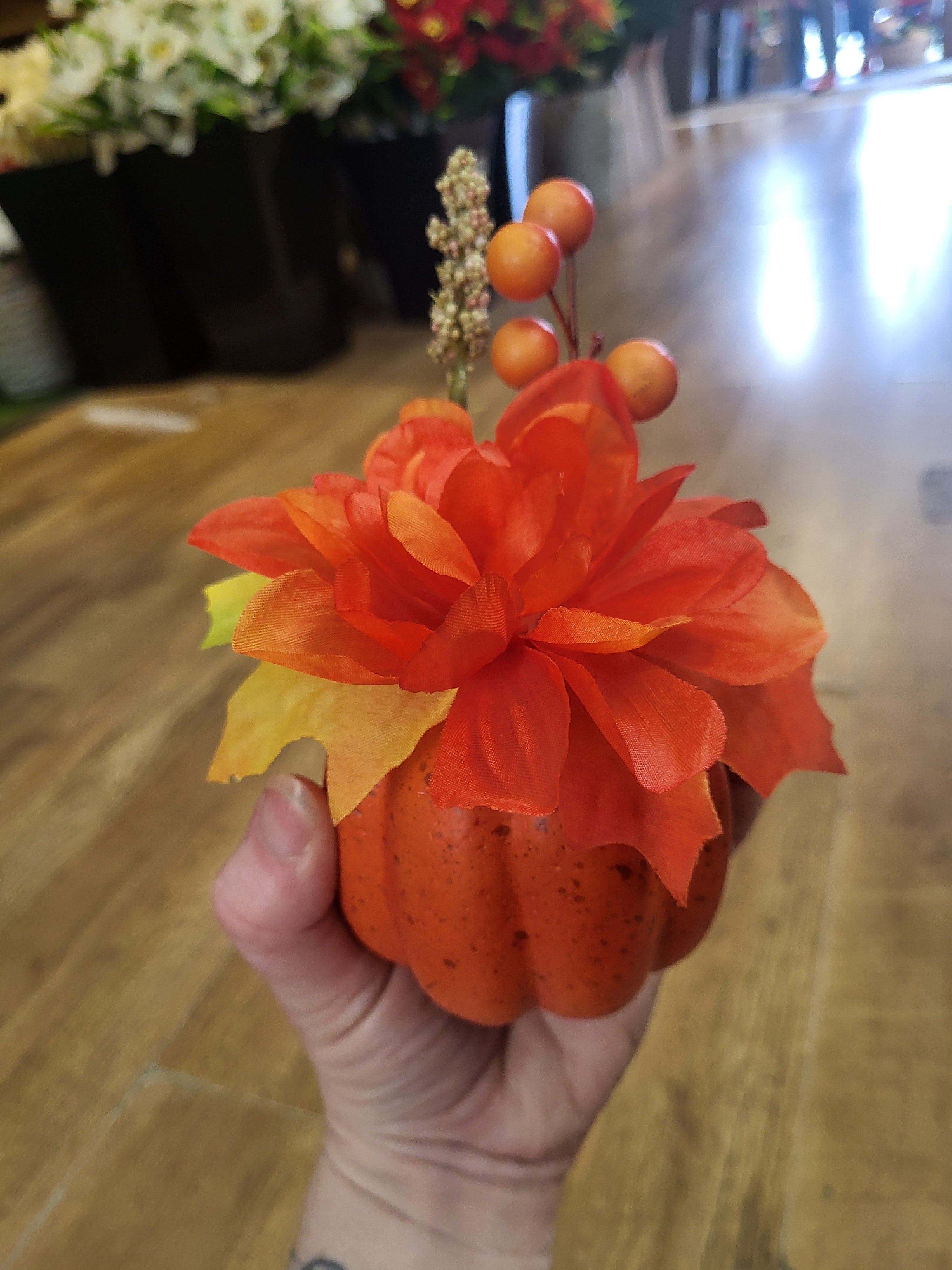 Small decorated pumpkin with orange flower image 2