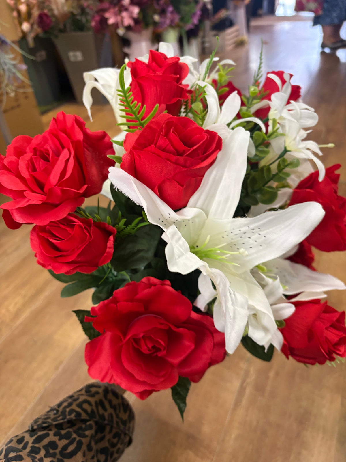 Giant red and ivory rose, rosebud and lily bouquet