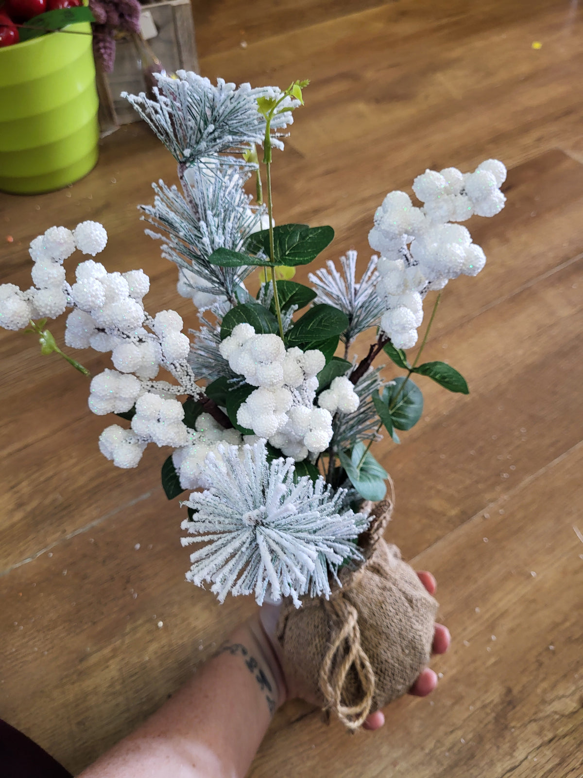 Frosted white berries and foliage wrapped in burlap - table centre piece image 3
