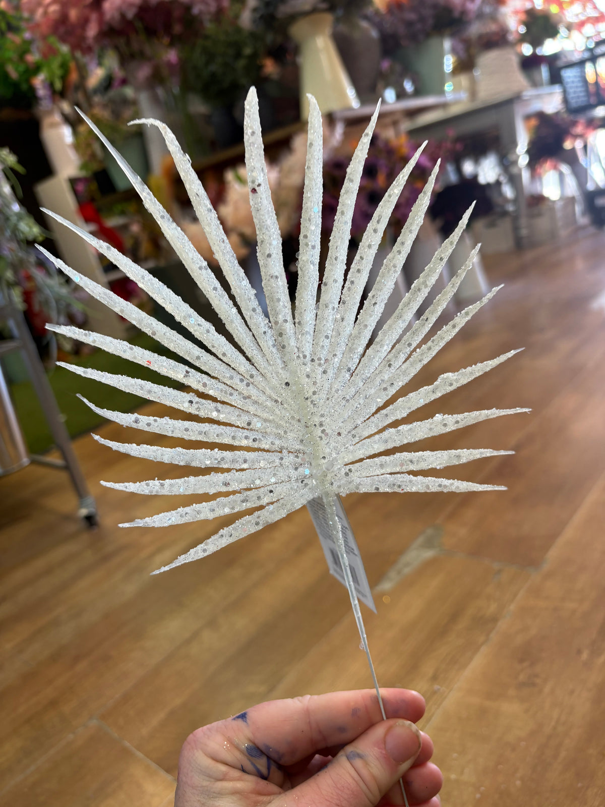 White glittered palm leaf pick