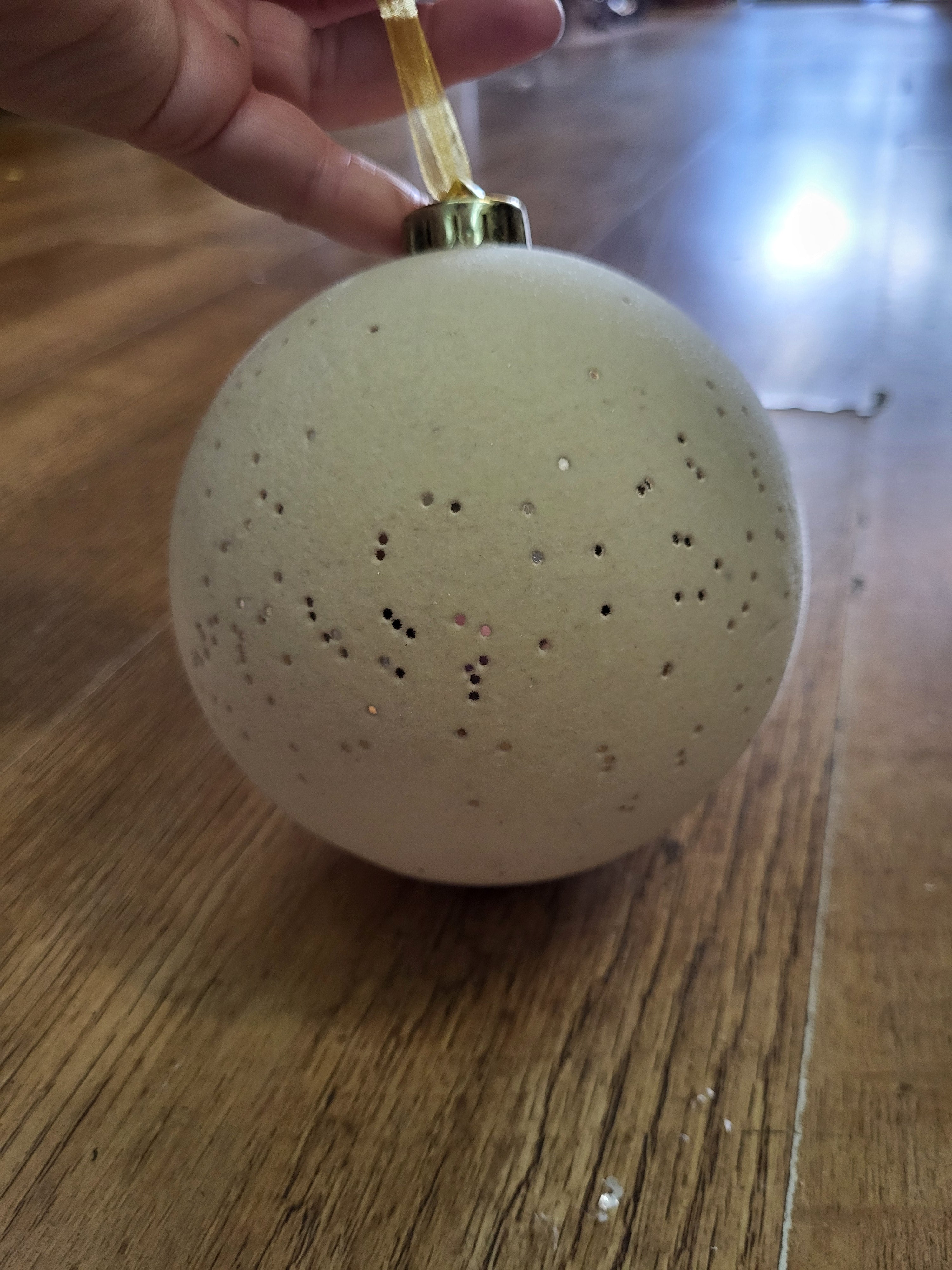 12cm flocked cream bauble with metallic flecks image 1