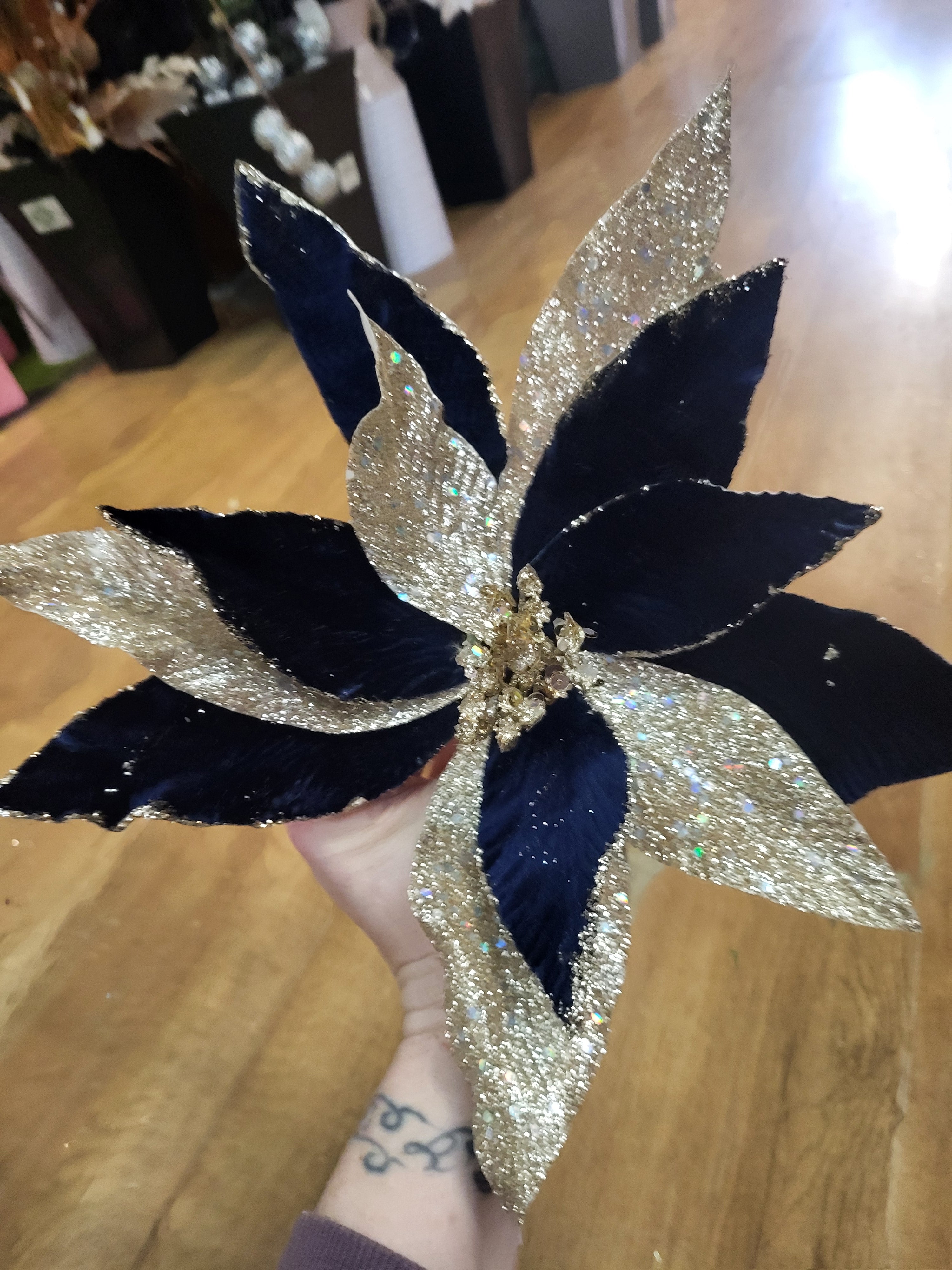 Navy velvet and champagne gold glittered single poinsettia image 0