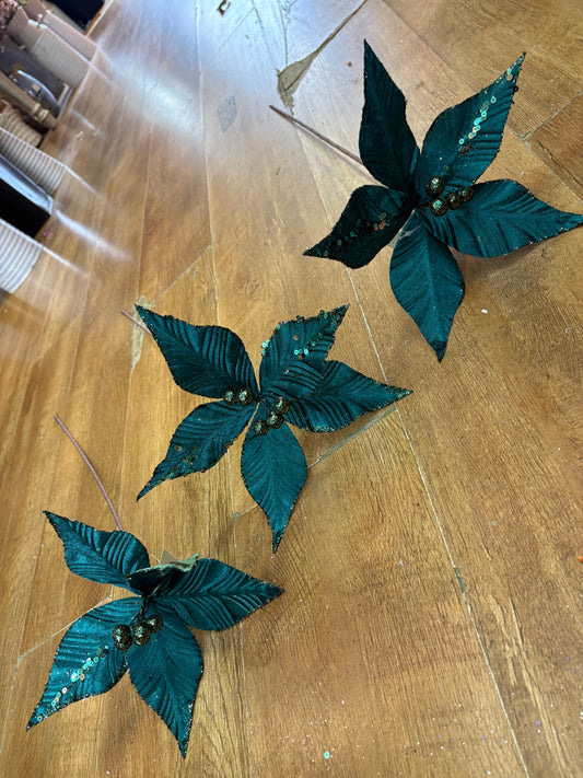 Bundle of 3 teal velvet and glitter poinsettias