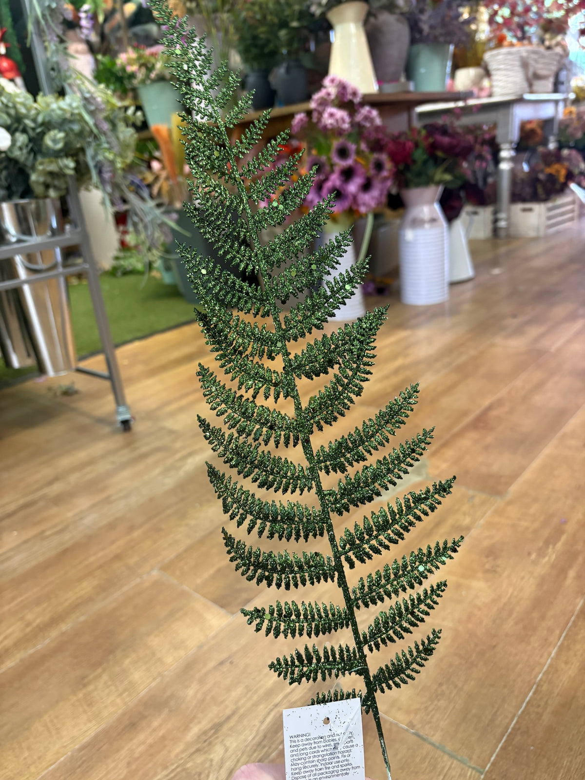 Large green glittered fern pick