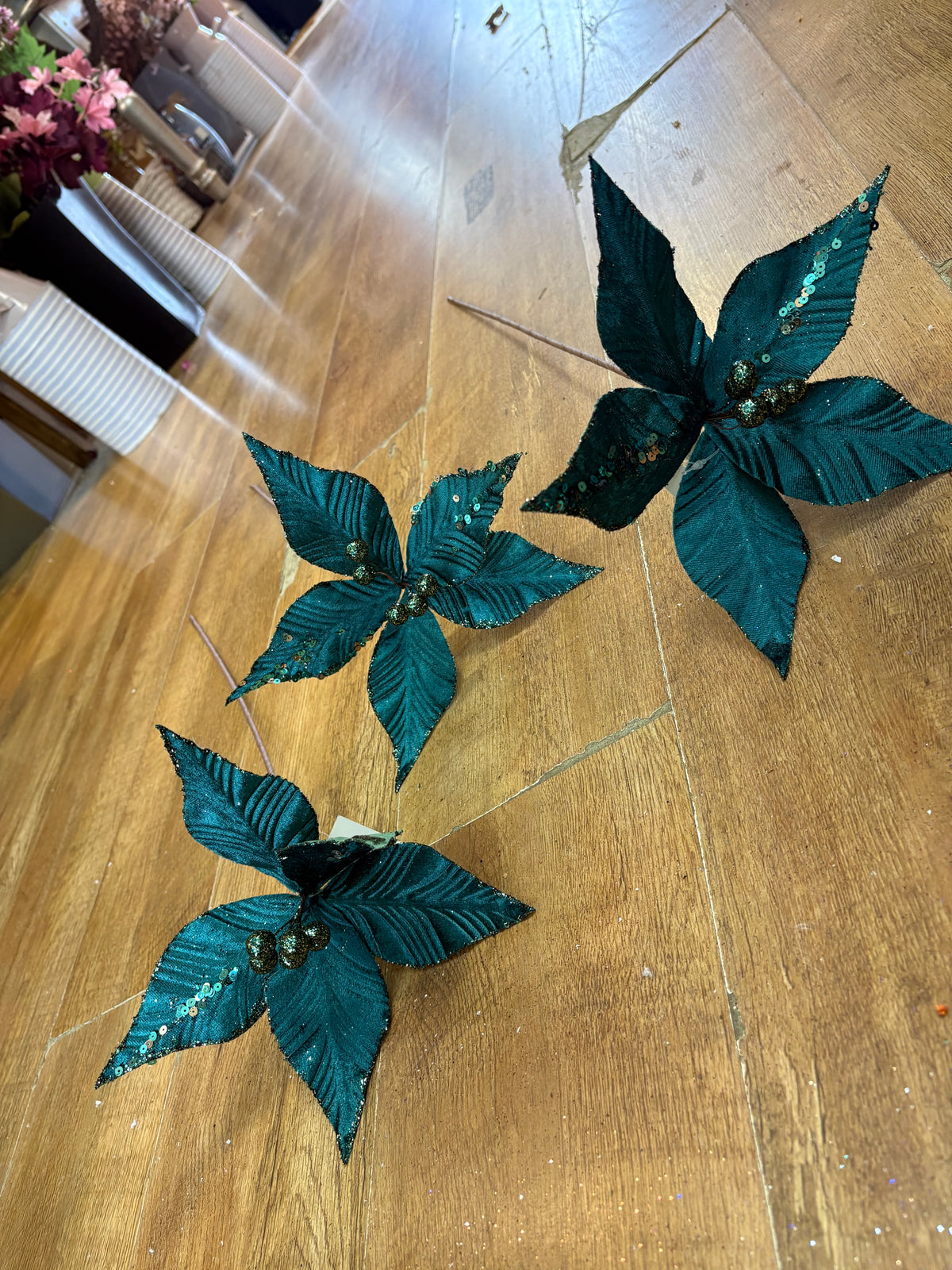 Bundle of 3 teal velvet and glitter poinsettias