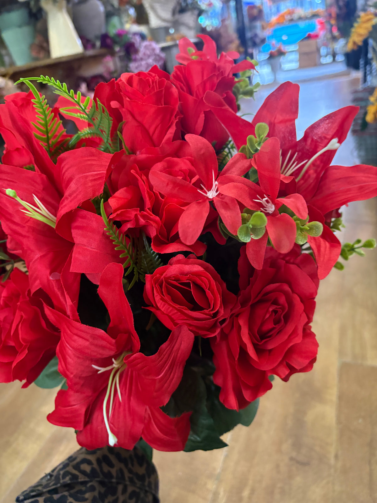 Giant red rose, rosebud and lily bouquet