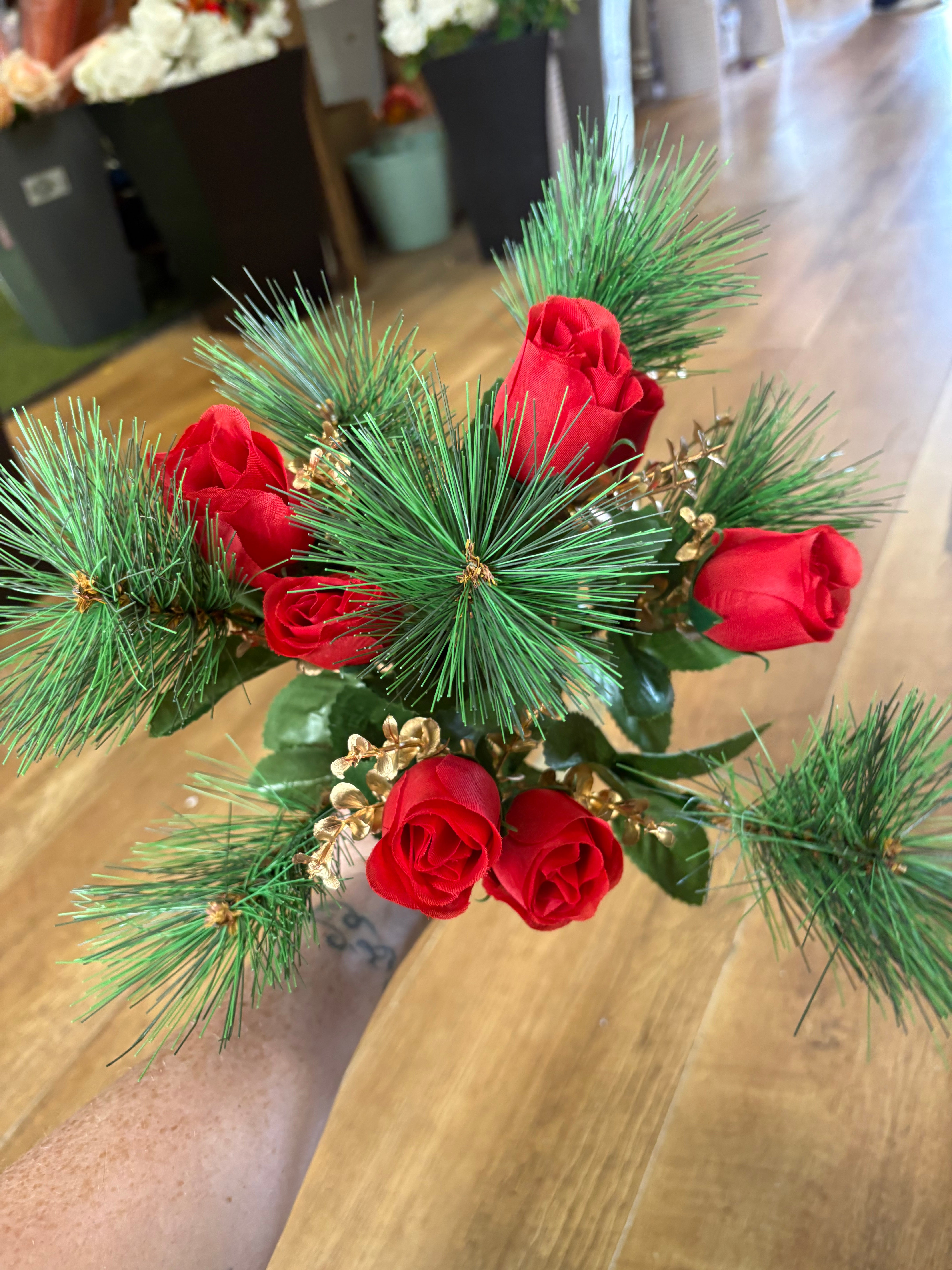 Rosebud, eucalyptus and pine bouquet - red and gold