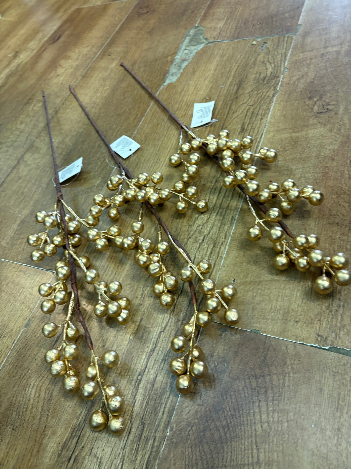Bundle of 3 long stem metallic gold berry stems