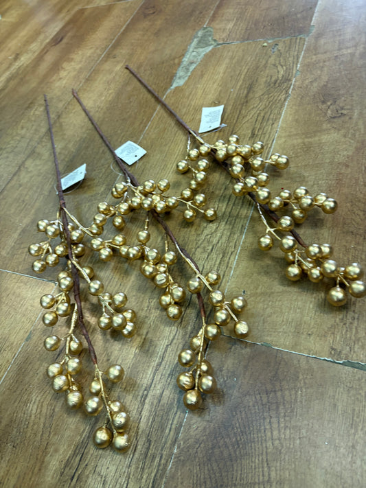 Bundle of 3 long stem metallic gold berry stems