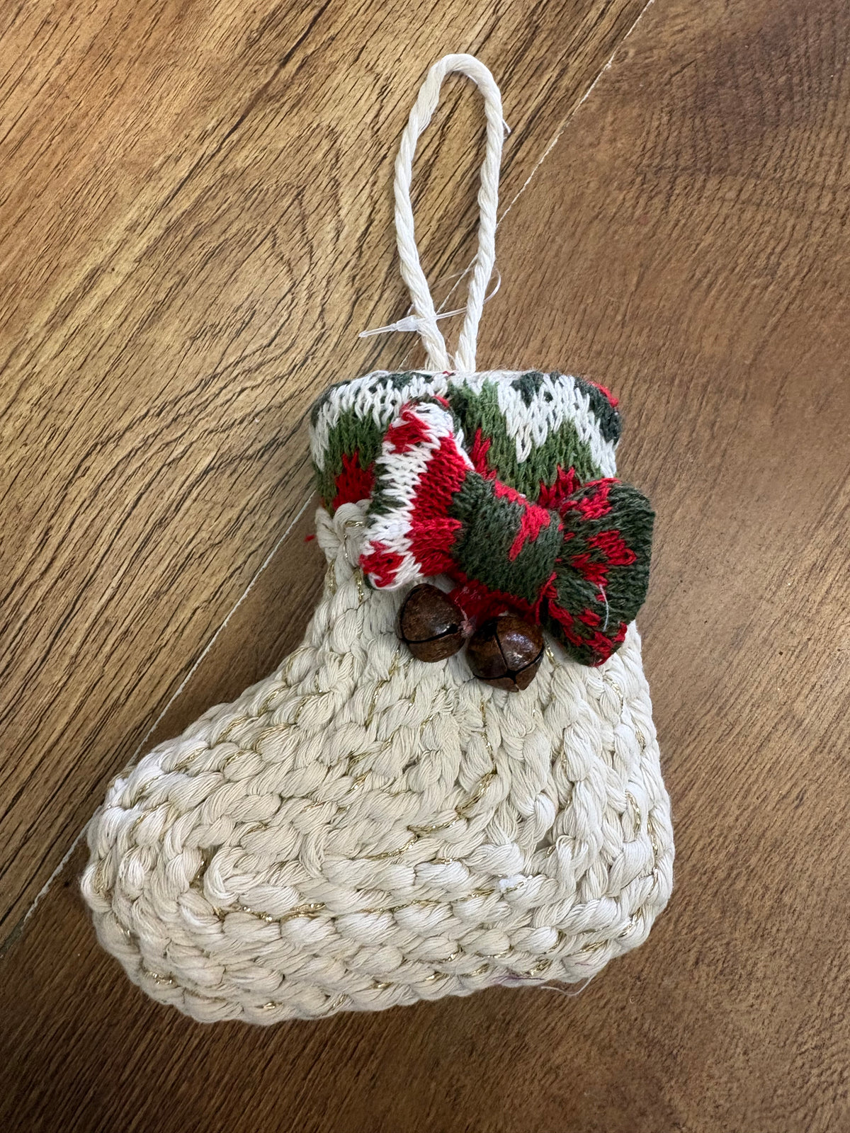 Hanging rope/twine Christmas stocking with fair isle bow