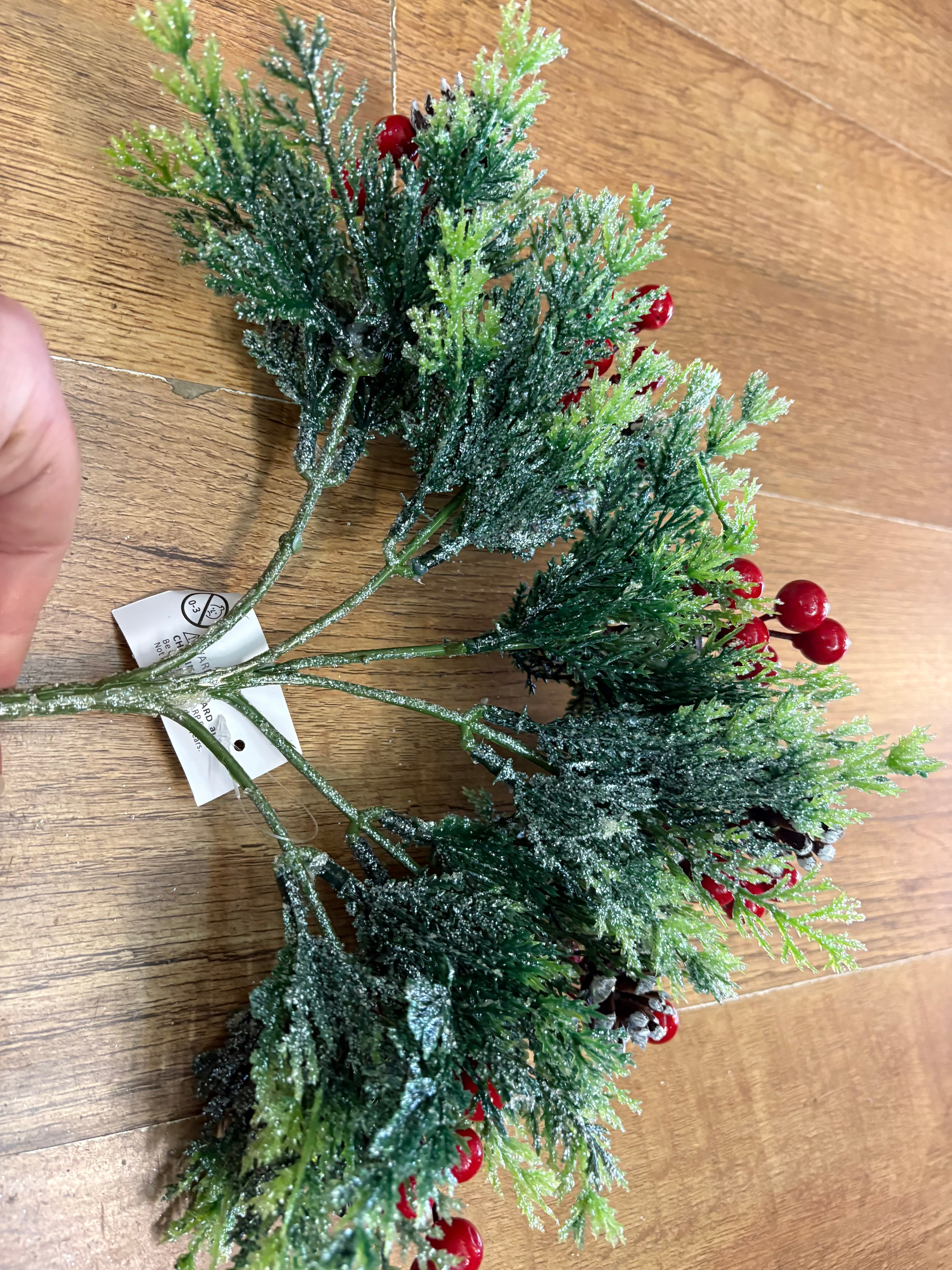 6 stemmed glittered foliage, miniature cone and red berry bunch