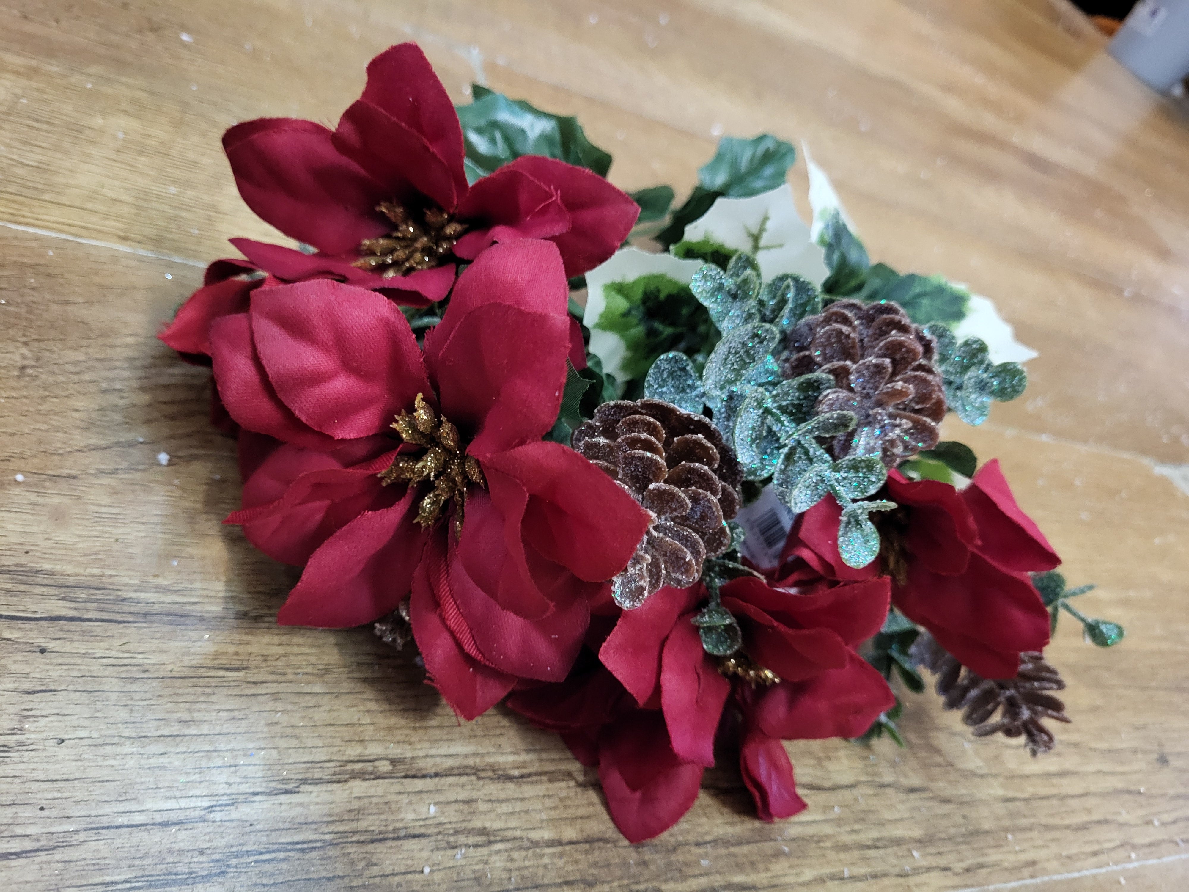 Red poinsettia and frosted cone bunch  image 3