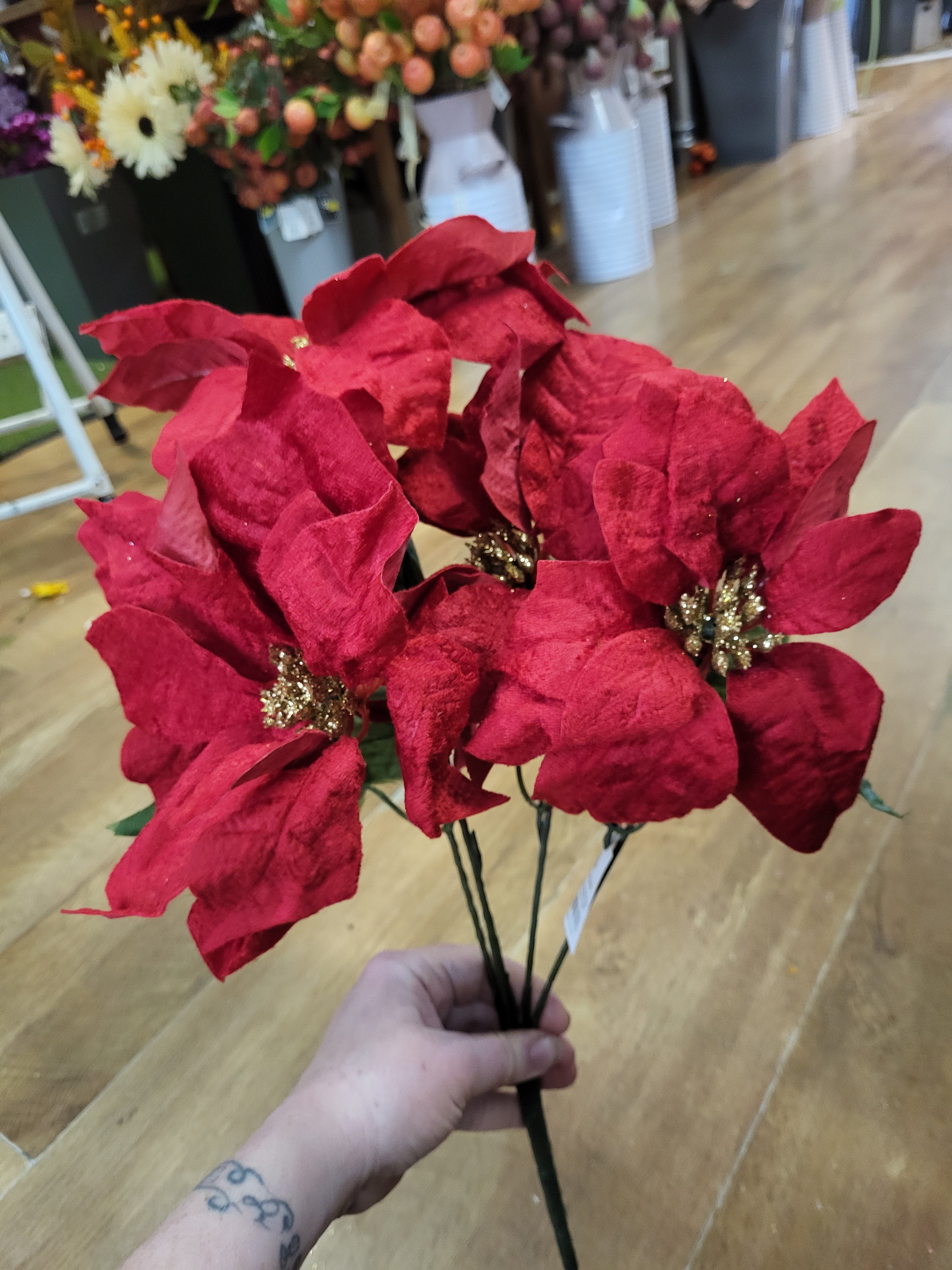 Velvet poinsettia bouquet, 5 large heads - red and gold image 1