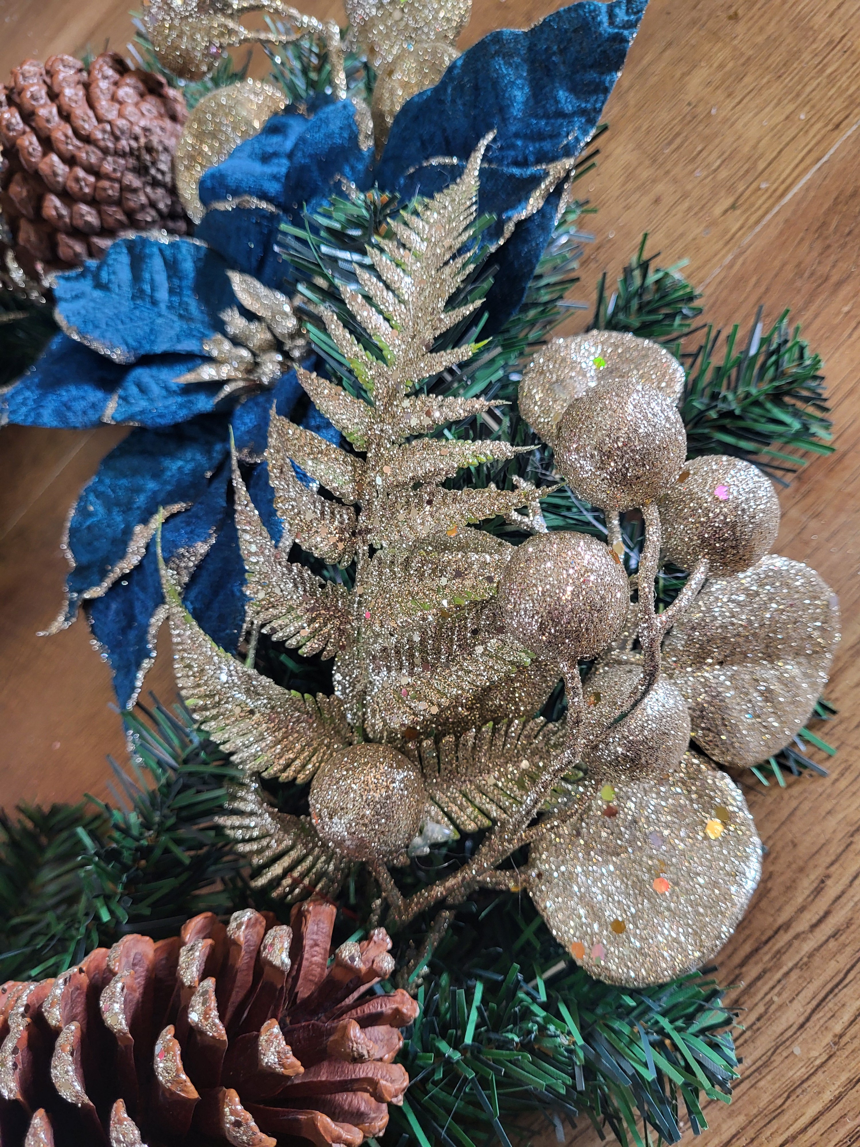 22 inch Luxury Wreath - velvet Teal Poinsettia and champagne gold cones/foliage image 6