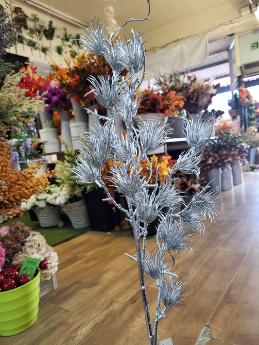 80cm Long stem metallic Silver thistle spray image 0