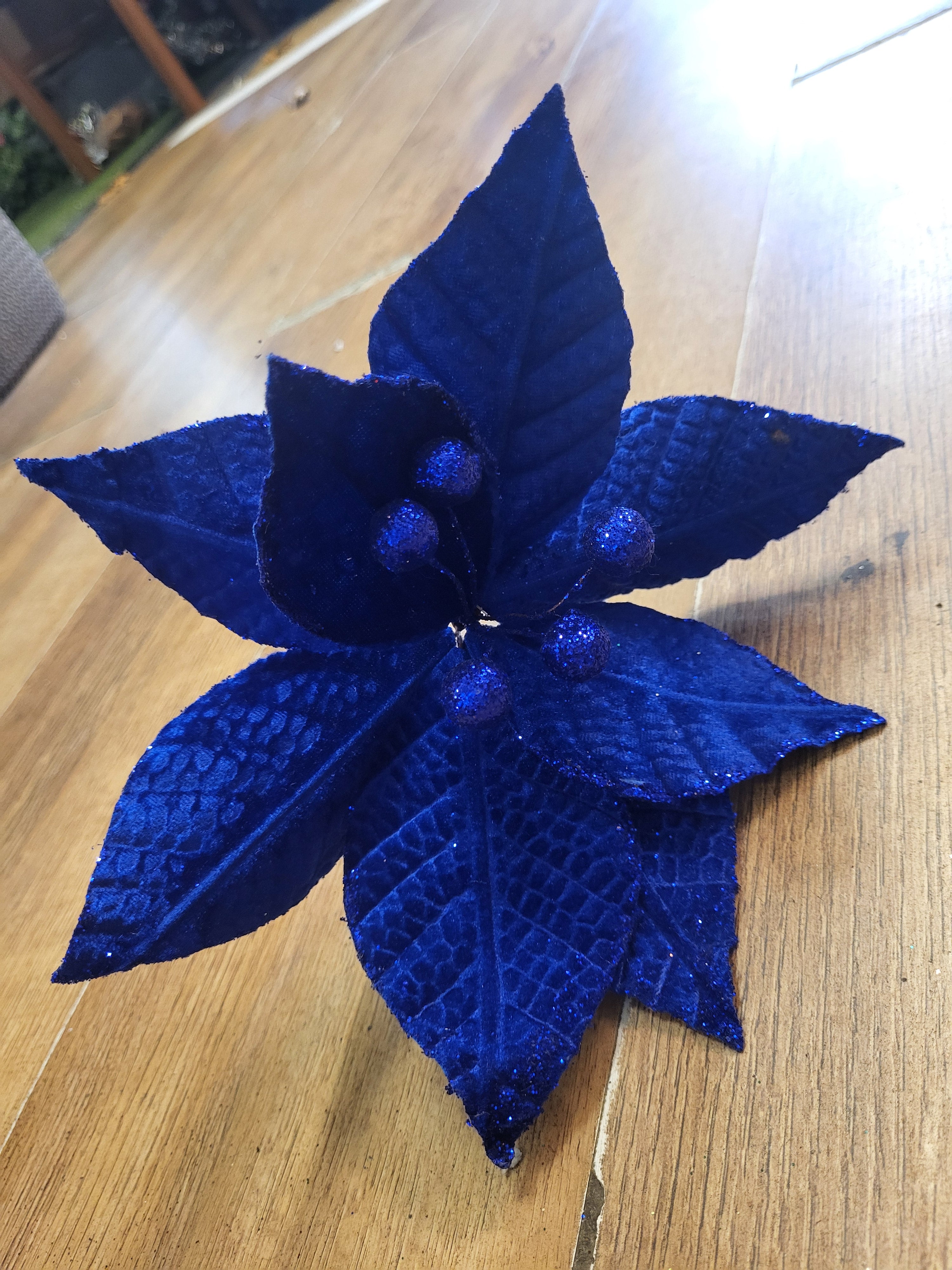 Long stem Royal Blue velvet and glitter single poinsettia  image 1