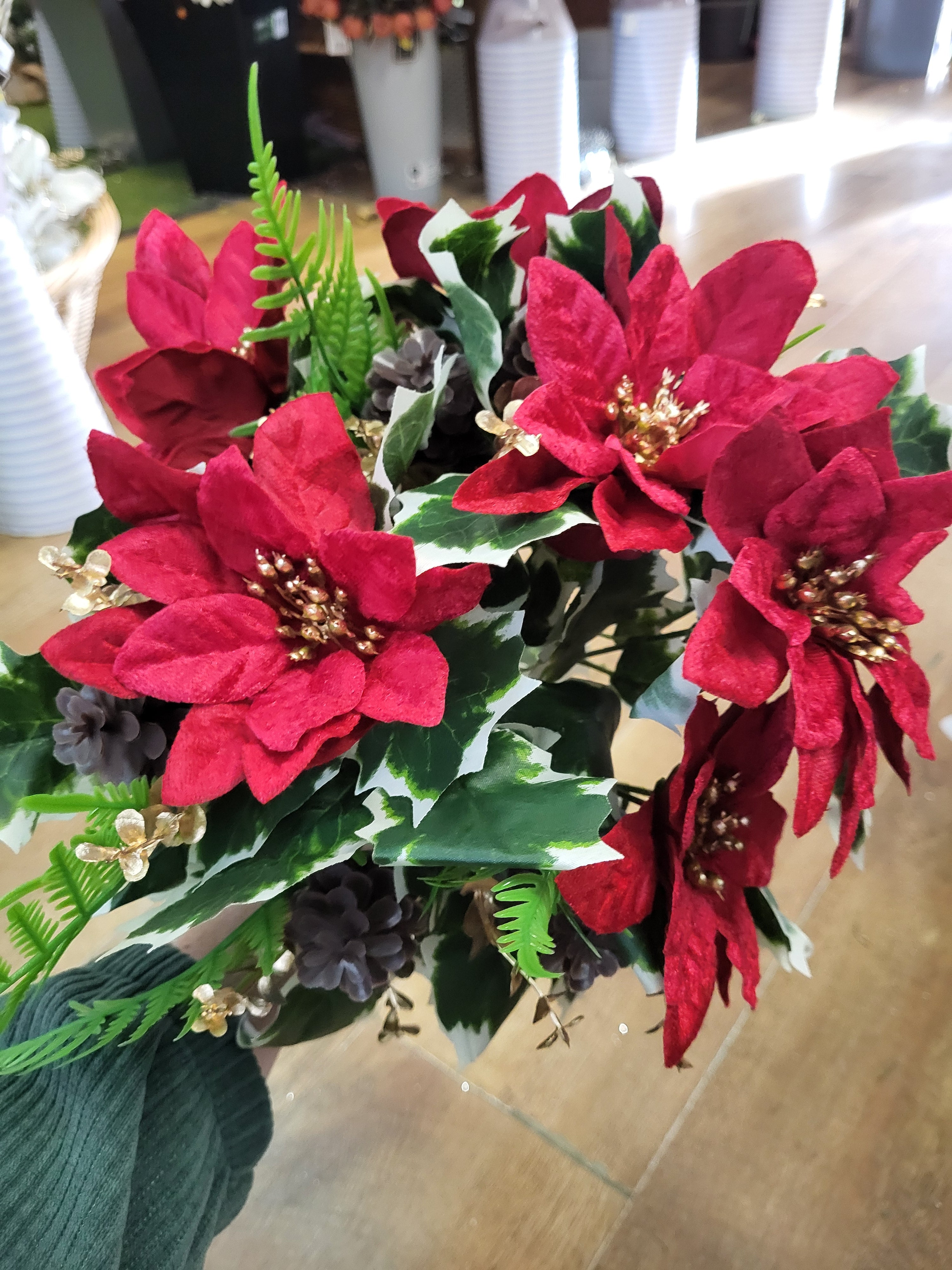 Large red velvet poinsettia and cone bouquet  image 0