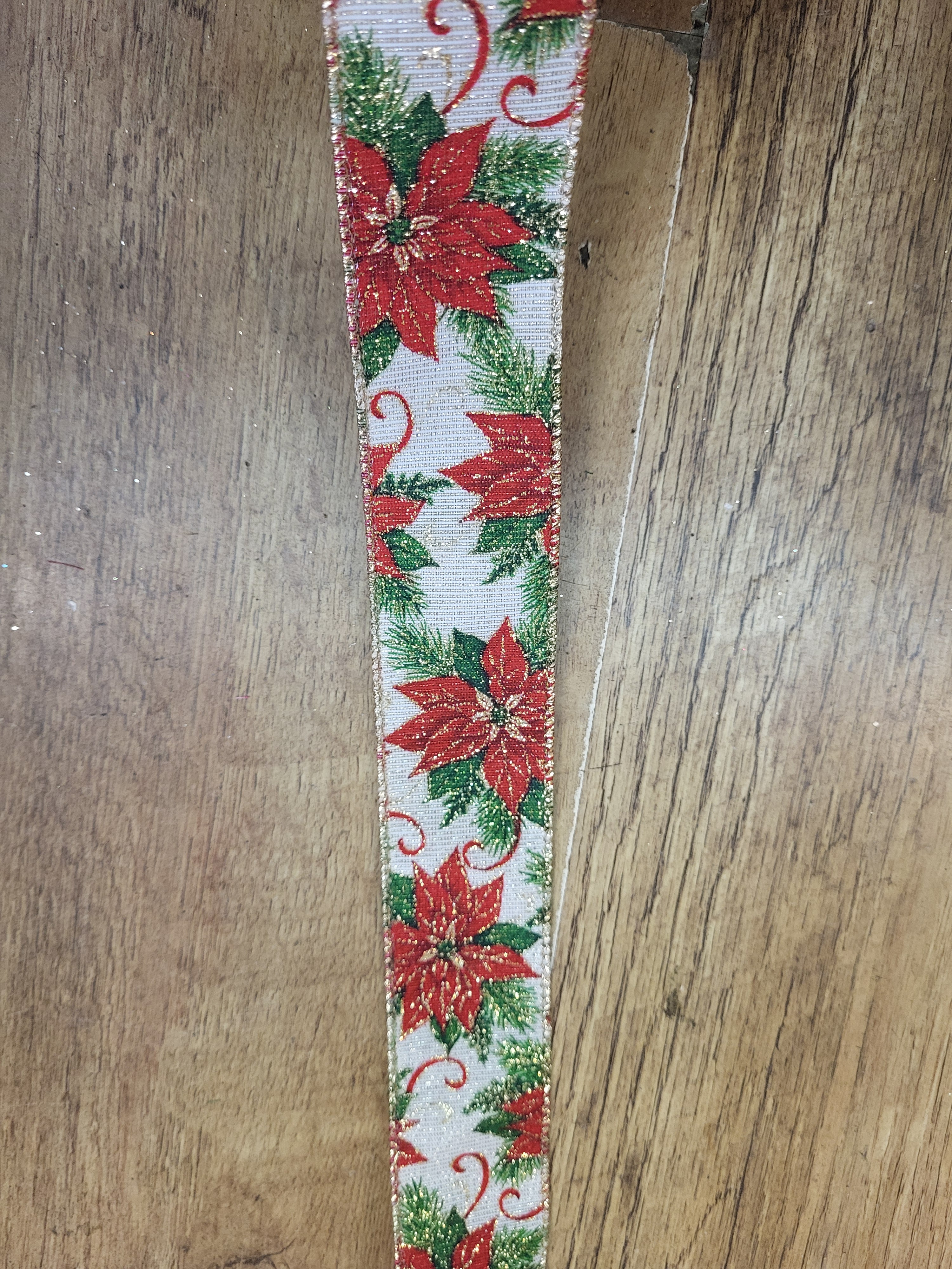 Red poinsettia wired Christmas ribbon  - 1 metre image 0