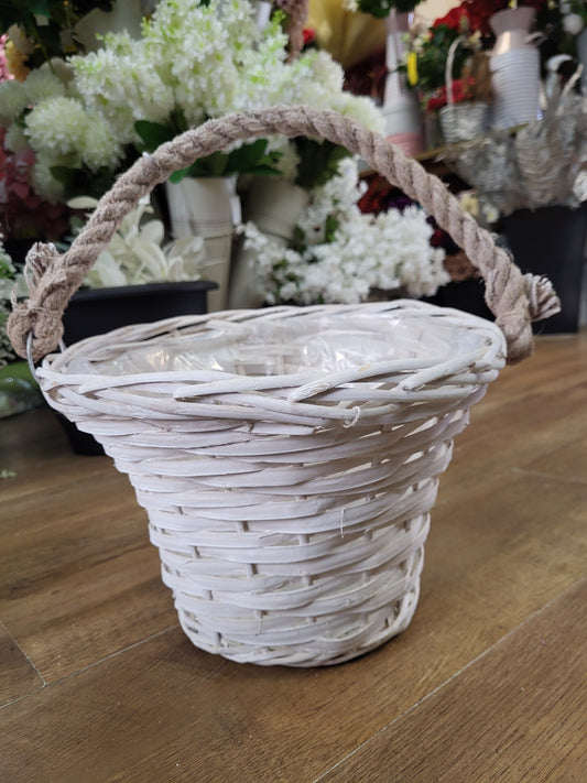 Rustic white wicker flower basket with rope handle - 32x22x18.5cm image 0